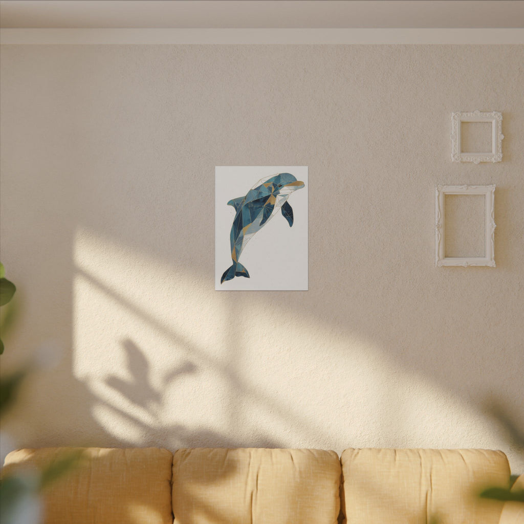Canvas Print, Geometric Abstract Dolphin Gold Accented Wall Art, High Quality, Stretched, Multi-Size, Home Decor, Office Decor, Gift Idea,