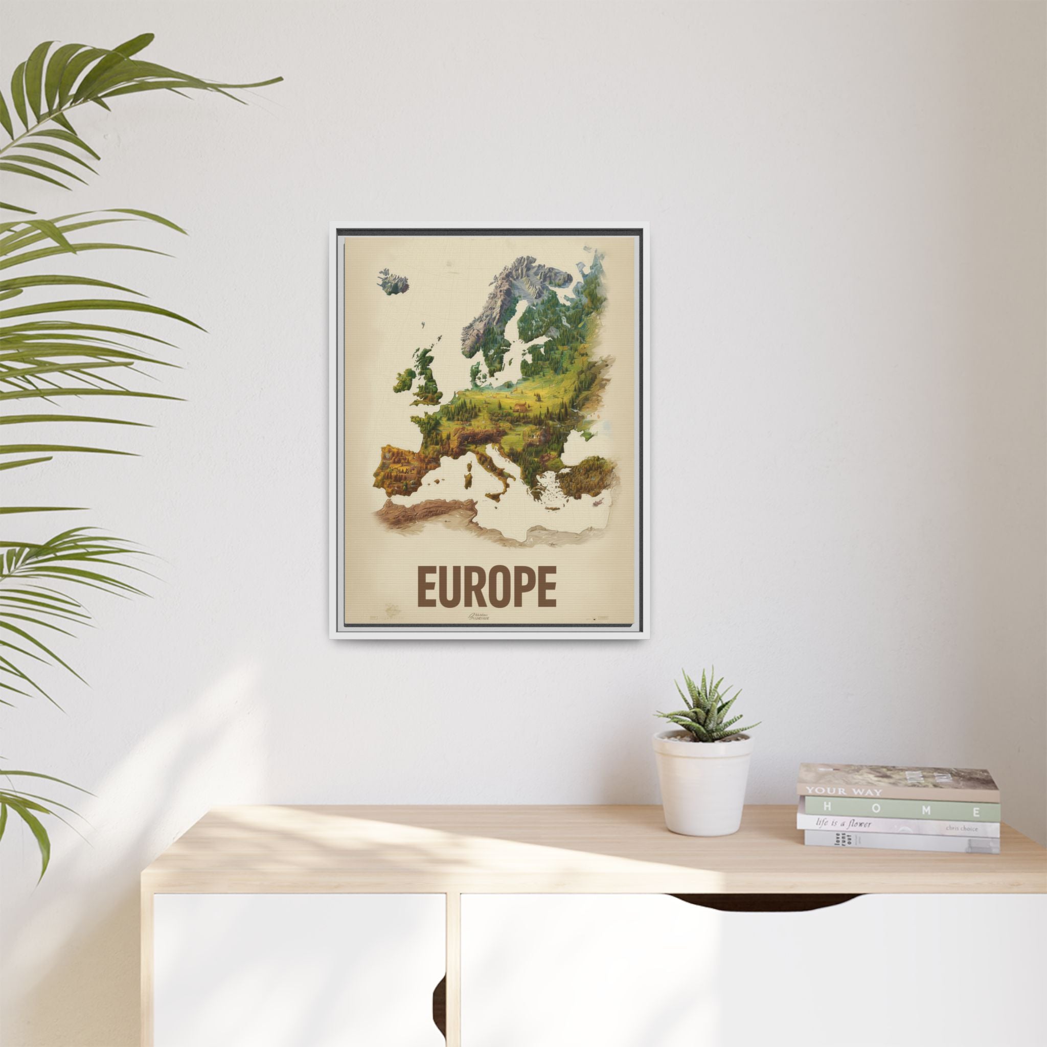 Framed Europe Map Canvas Print — Vintage Landscape Style Wall Art