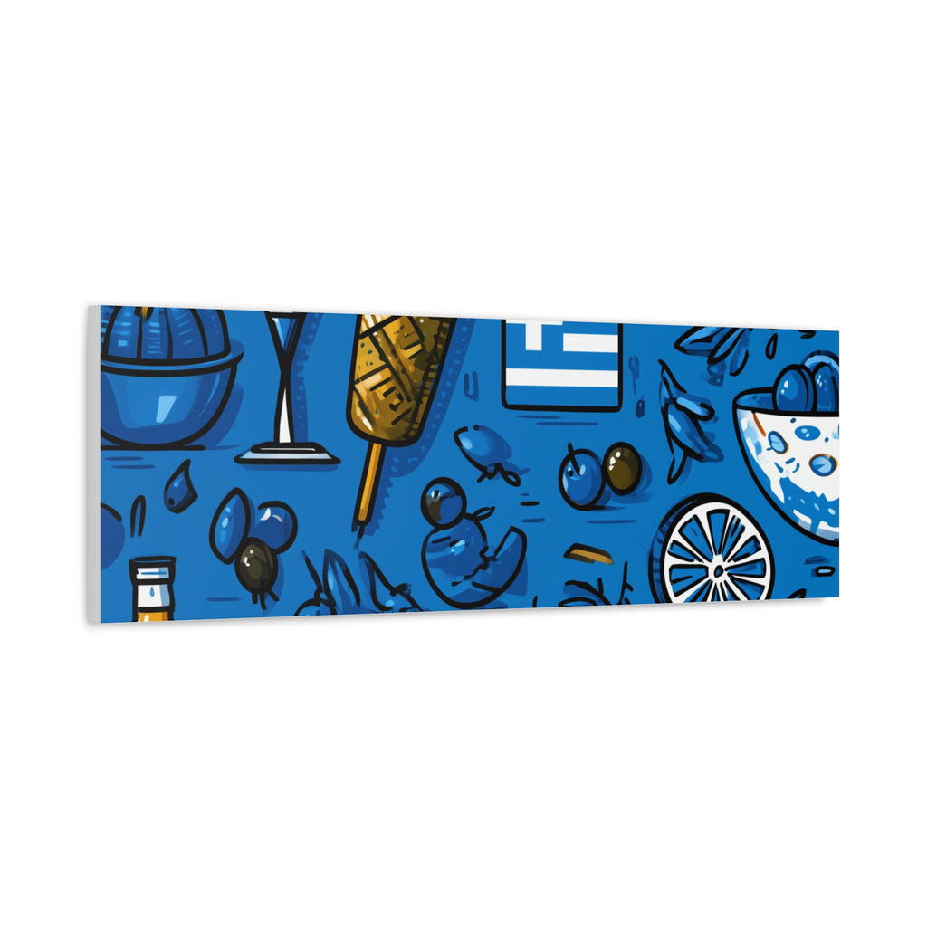 Vibrant Canvas Wall Art, Blue Mediterranean Theme, Kitchen Decor, Greek Party Decor, Olive and Drink Motif