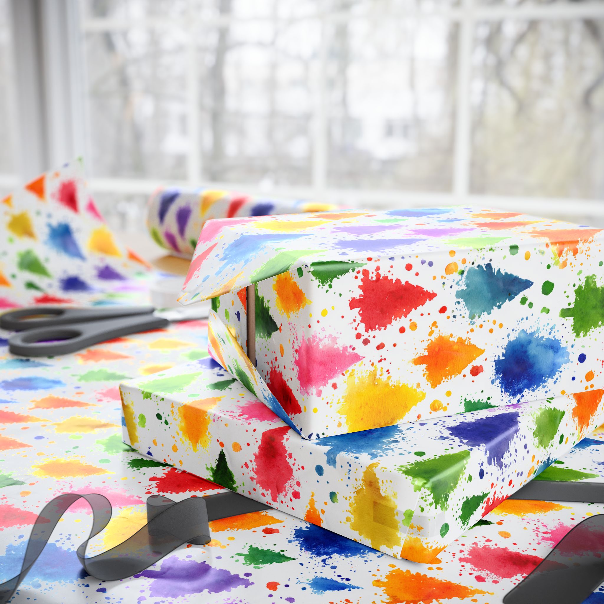 Wrapping Paper Roll — Colorful Paint Splash Gift Wrap for Birthdays & Celebrations