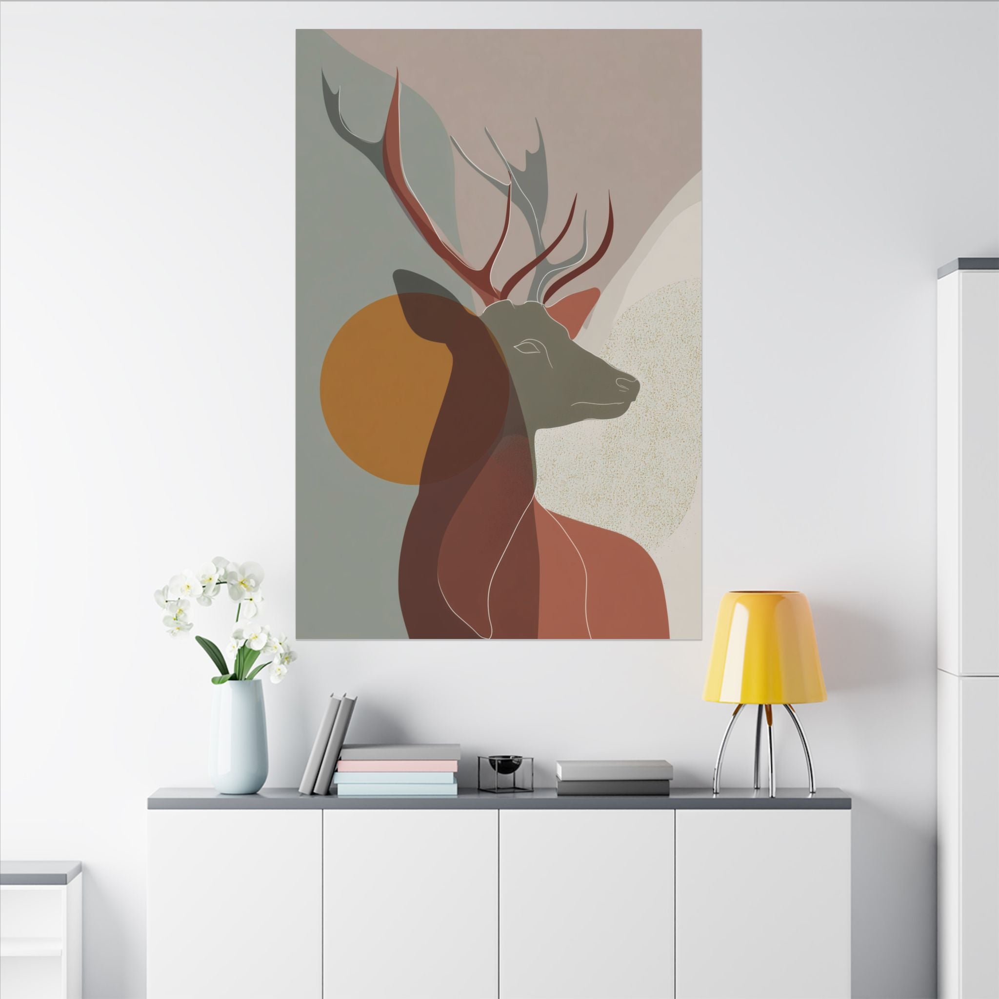 Majestic Deer in Abstraction: Minimalist Geometric Design, Earthy Tones, Mid-Century Modern Art   |  Personalized & Custom Orders Available