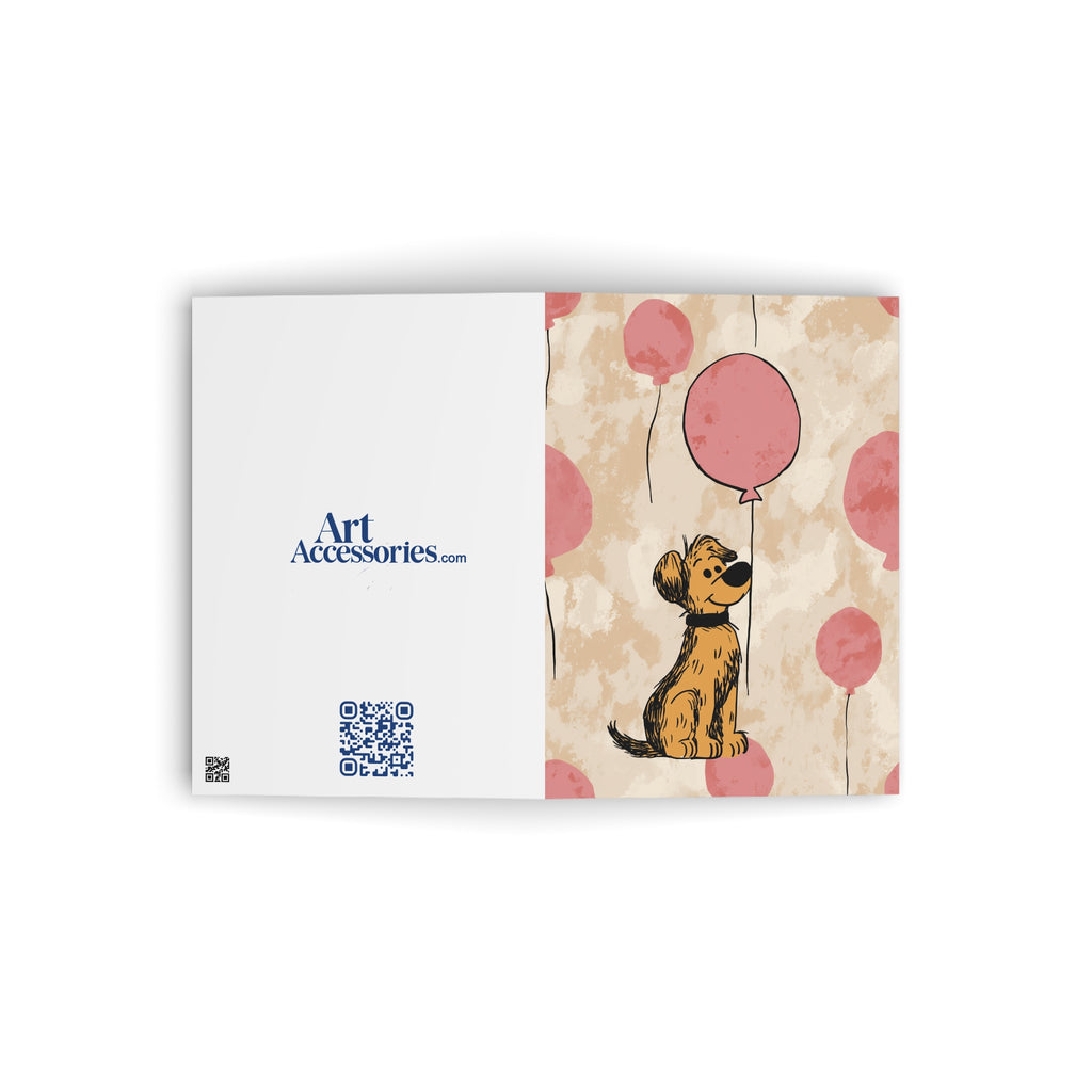 Cute Puppy with Pink Balloons Greeting Card — Birthday, New Puppy, Kids Card