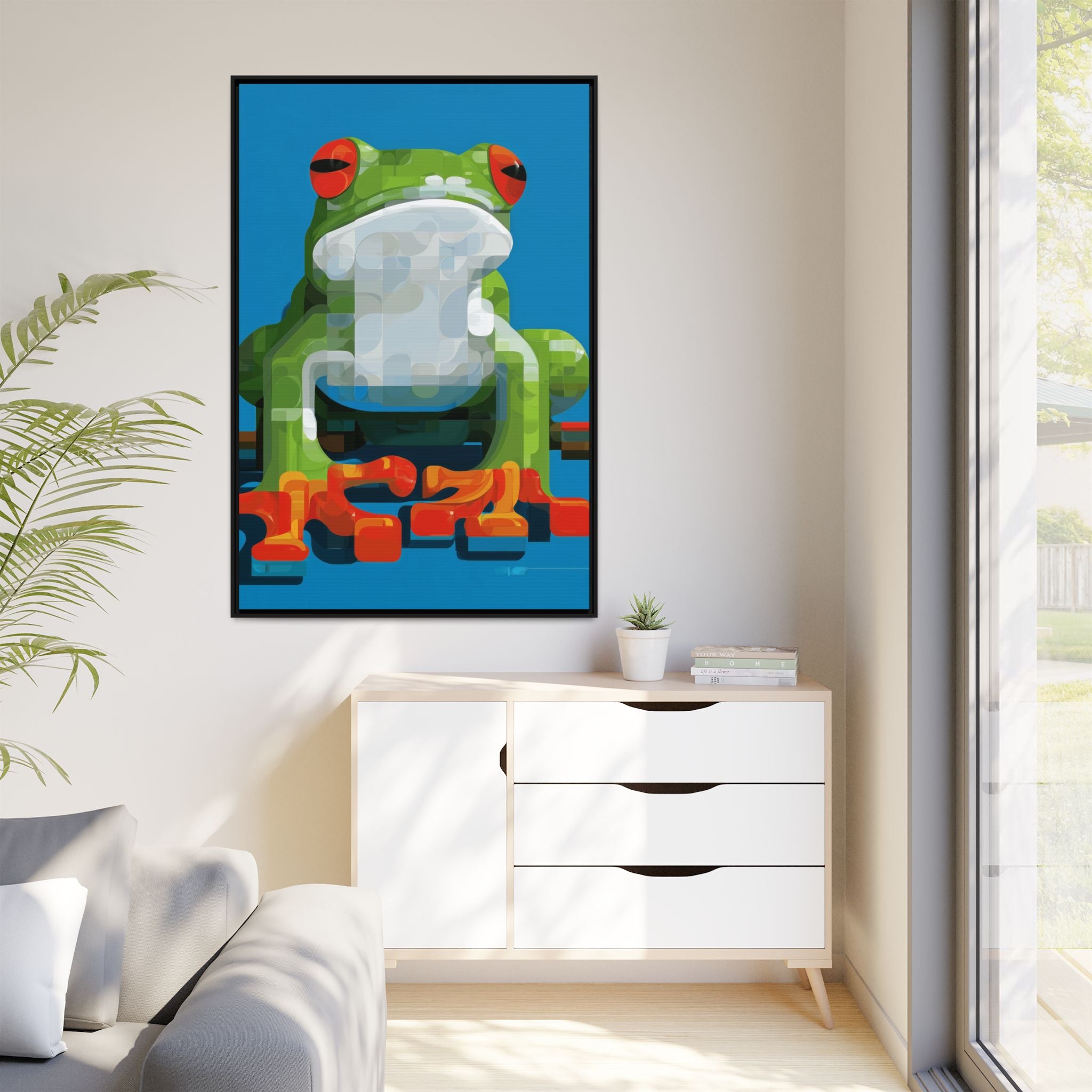 Pixel Frog Framed Print : Geometric Digital Art, Mosaic Amphibian Portrait   |  Personalized & Custom Orders Available