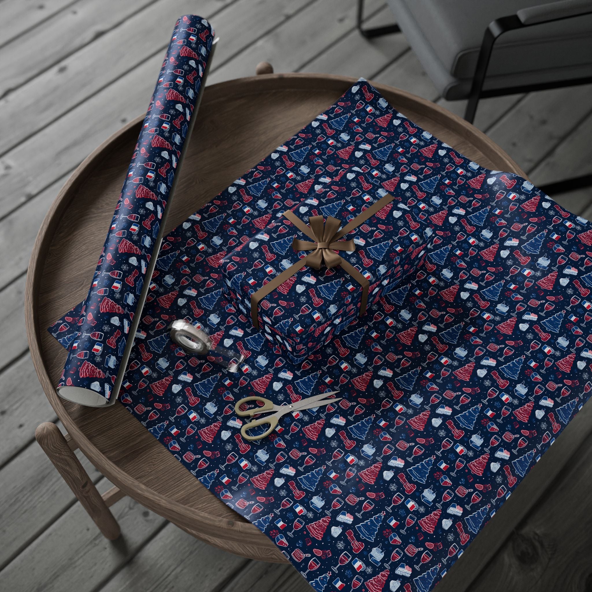 Wrapping Paper Roll French Themed— Festive Cozy Socks & Sweaters Pattern, Navy Holiday Gift Wrap