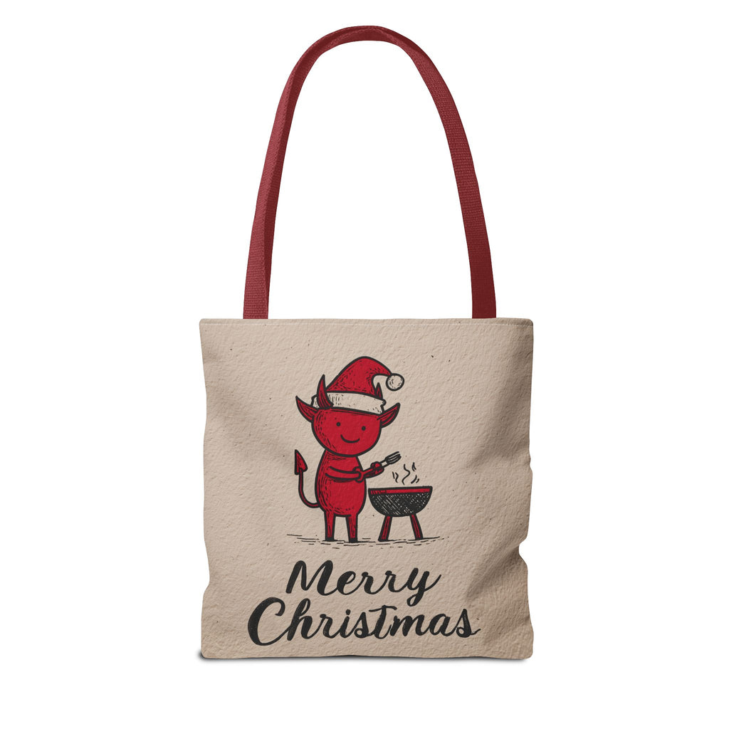Festive Tote Bag, Christmas Gift, Holiday Shopping Bag, Red Devil BBQ Design, Merry Christmas Tote