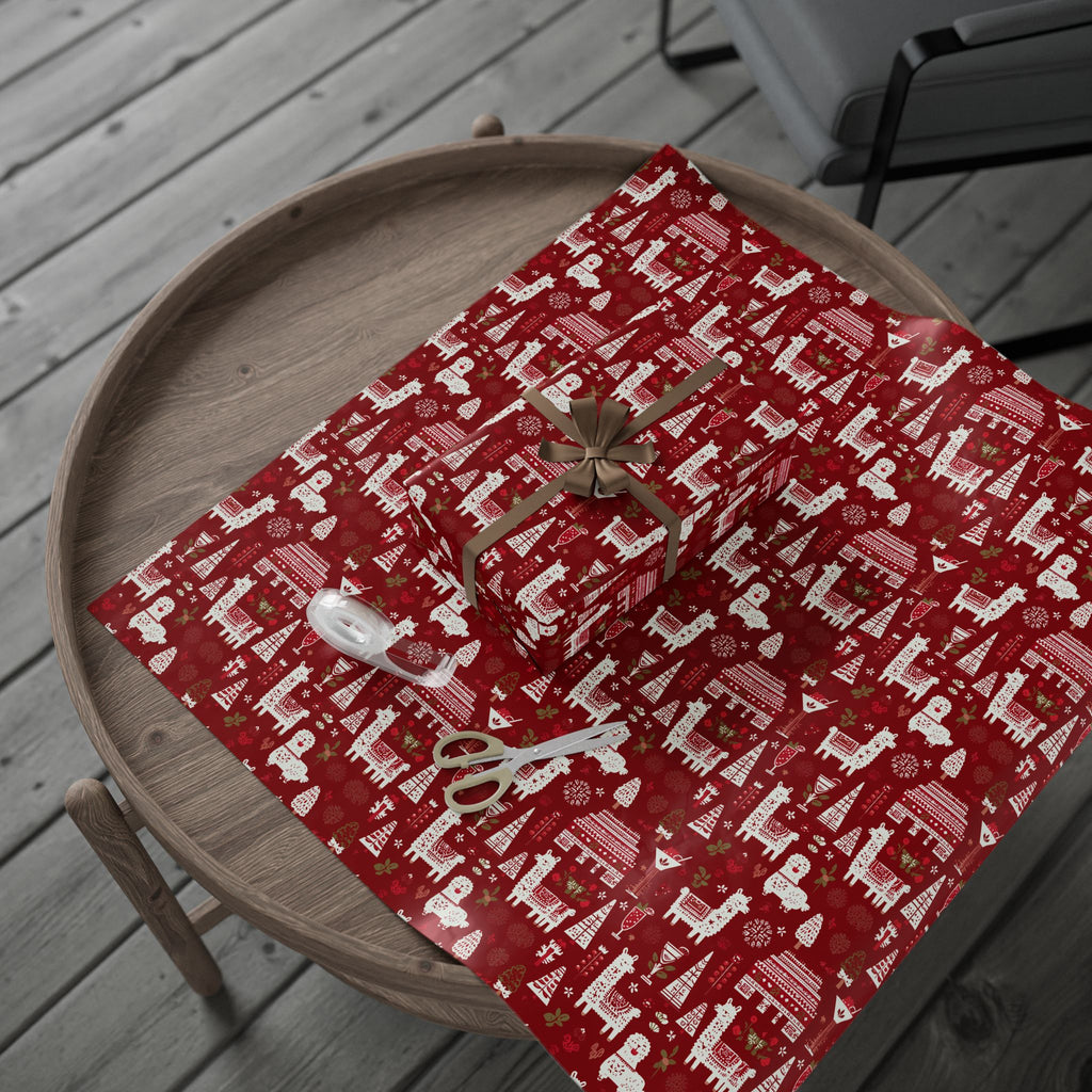Christmas Wrapping Paper Roll — Red Nordic Reindeer & Tree Holiday Print