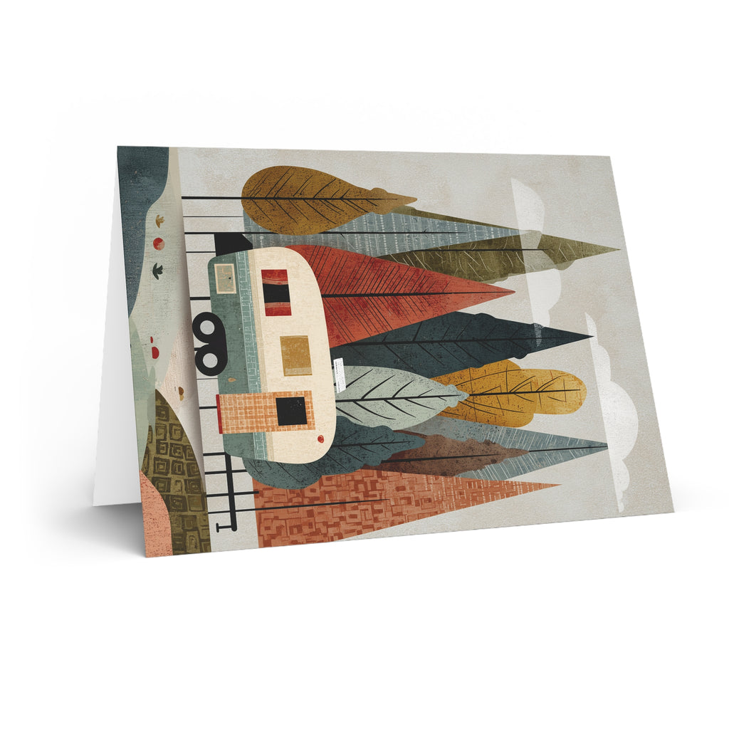 Camping Caravan Greeting Card — Retro Camper & Pine Trees Note Card