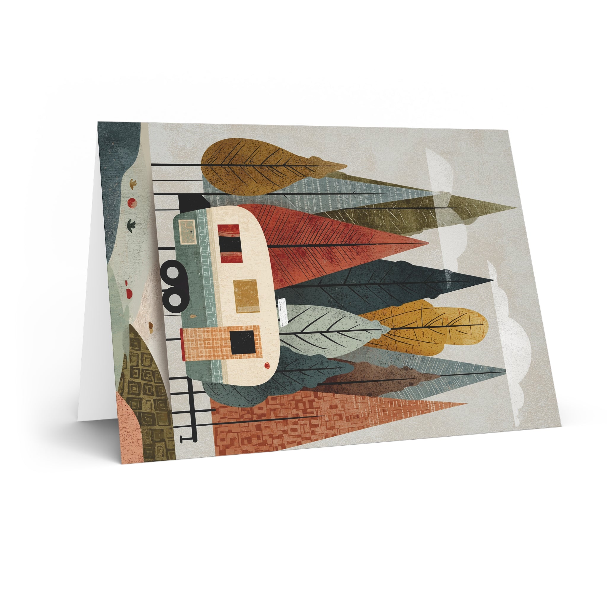Camping Caravan Greeting Card — Retro Camper & Pine Trees Note Card