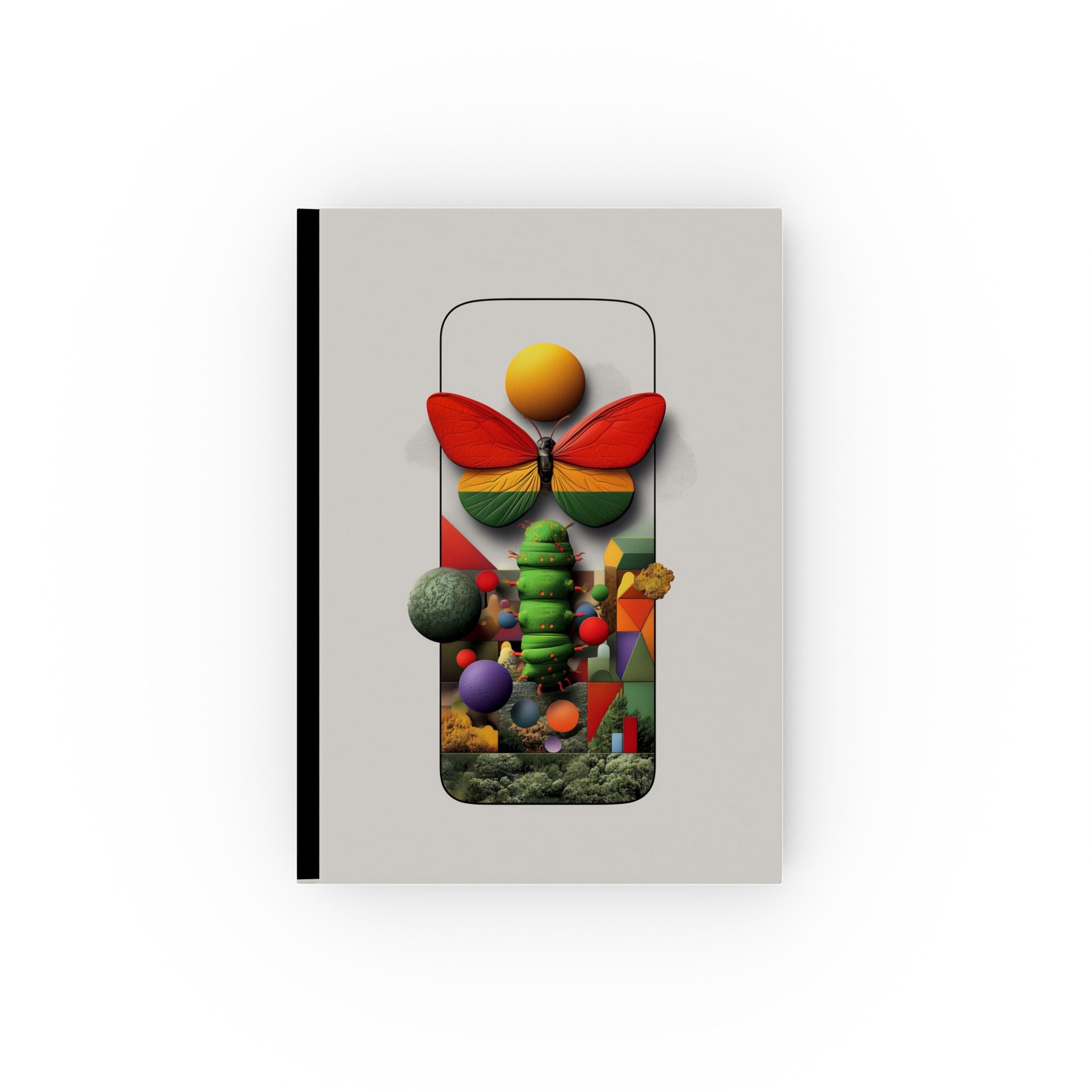 Digital Metamorphosis: Butterfly and Caterpillar in Geometric Landscape, Surreal Mobile Interface Art Personalized Journal   |