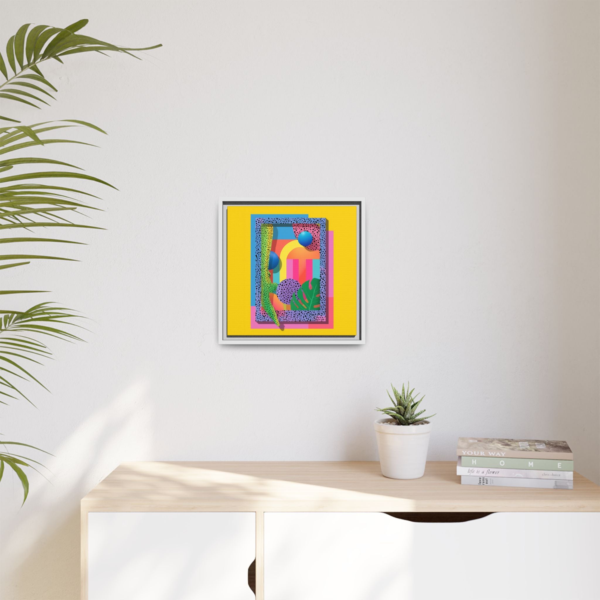 Geometric Rhythms: Abstract Layers of Color, Dimensional Shapes and Tropical Elements, Vibrant Modern Art Composition   |   Custom Orders