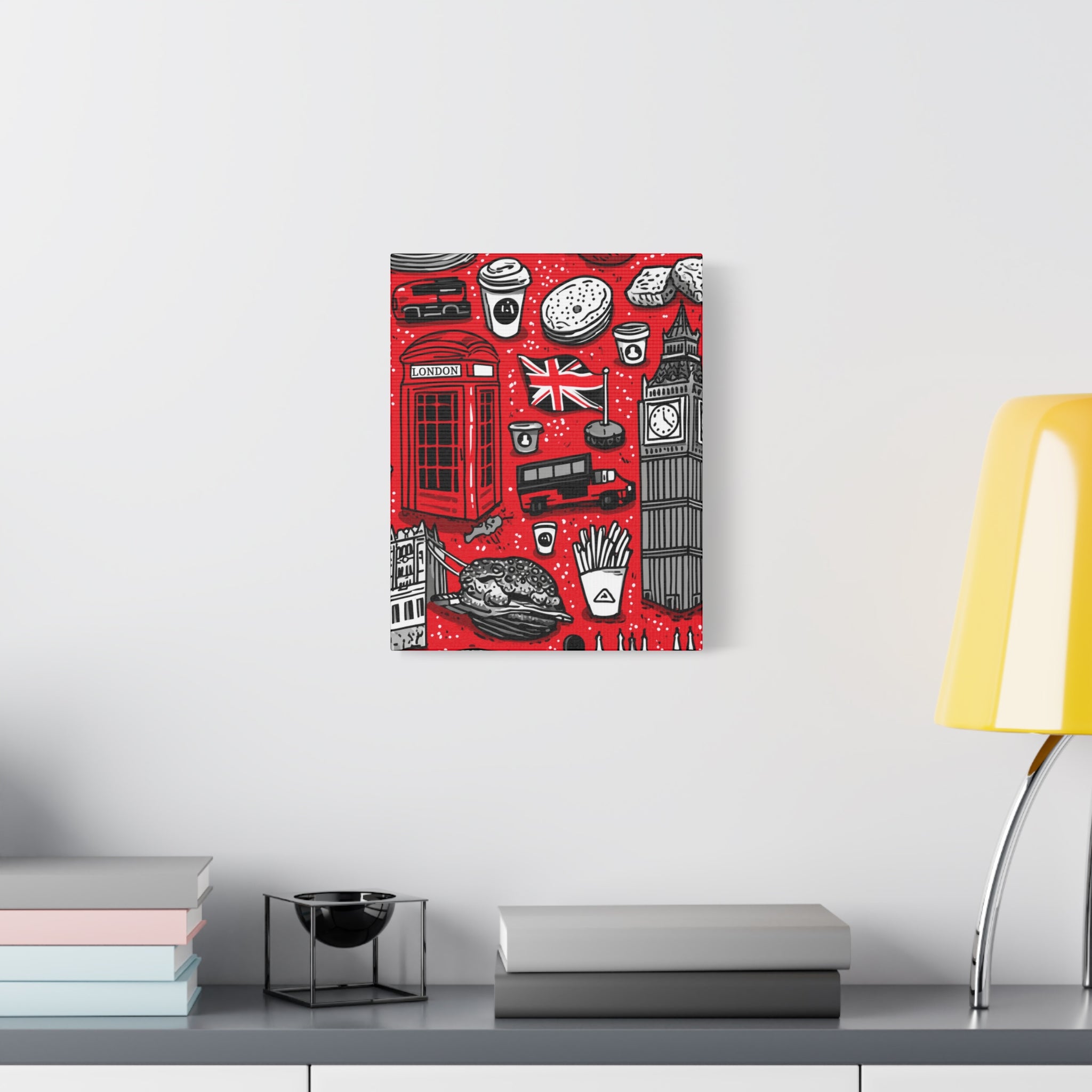 London-Themed Canvas Art, Wall Decor, Home Office Artwork, UK Travel Gift, British Culture Decor, Red and Black Design