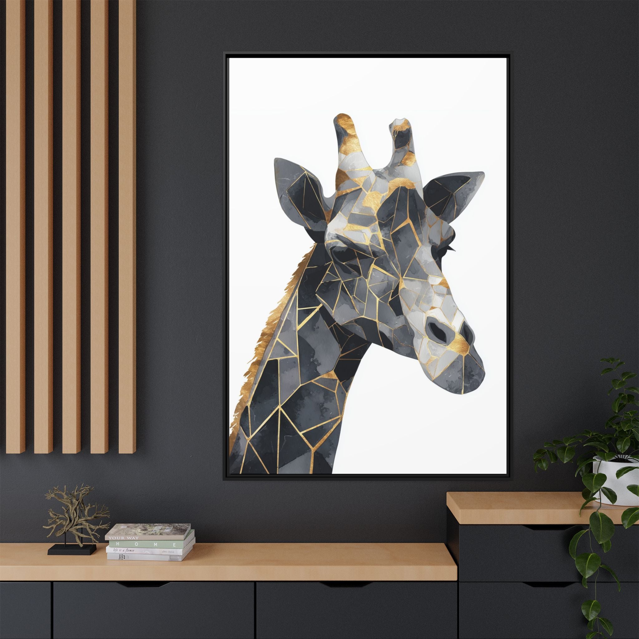 Geometric Giraffe Mosaic Framed Print : Contemporary Cubist Animal Portrait, Metallic Gold Angular Design   |   Custom Orders Available