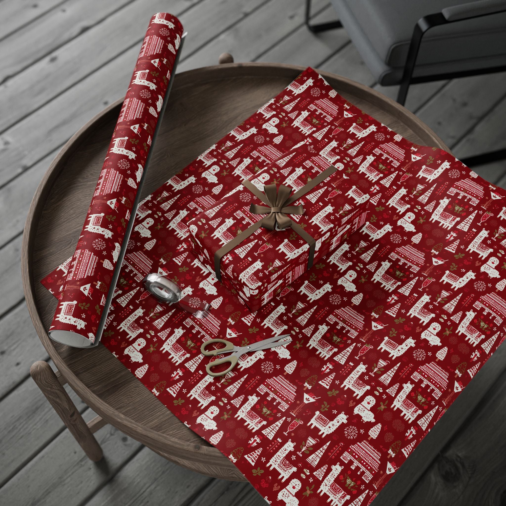 Christmas Wrapping Paper Roll — Red Nordic Reindeer & Tree Holiday Print