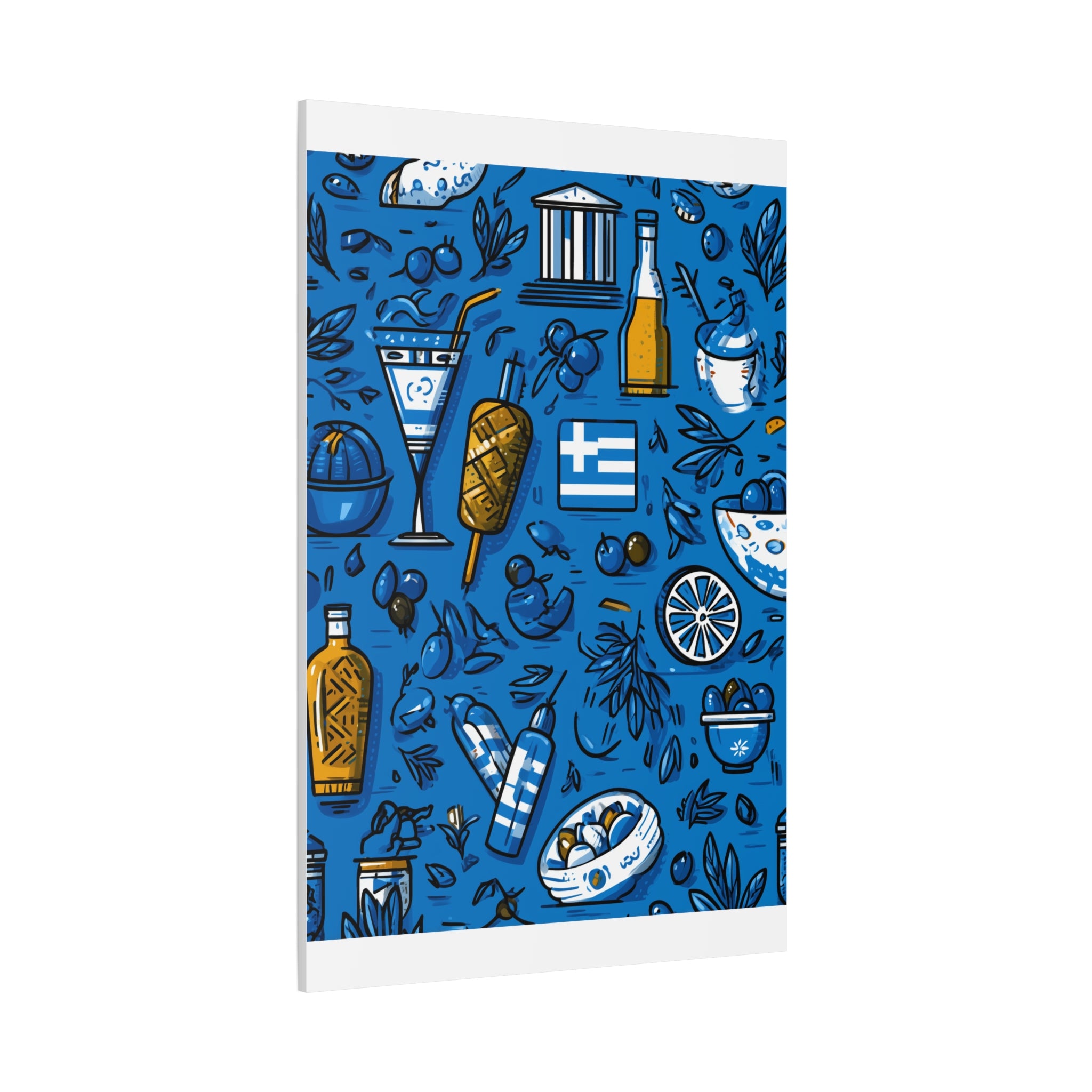 Vibrant Canvas Wall Art, Blue Mediterranean Theme, Kitchen Decor, Greek Party Decor, Olive and Drink Motif