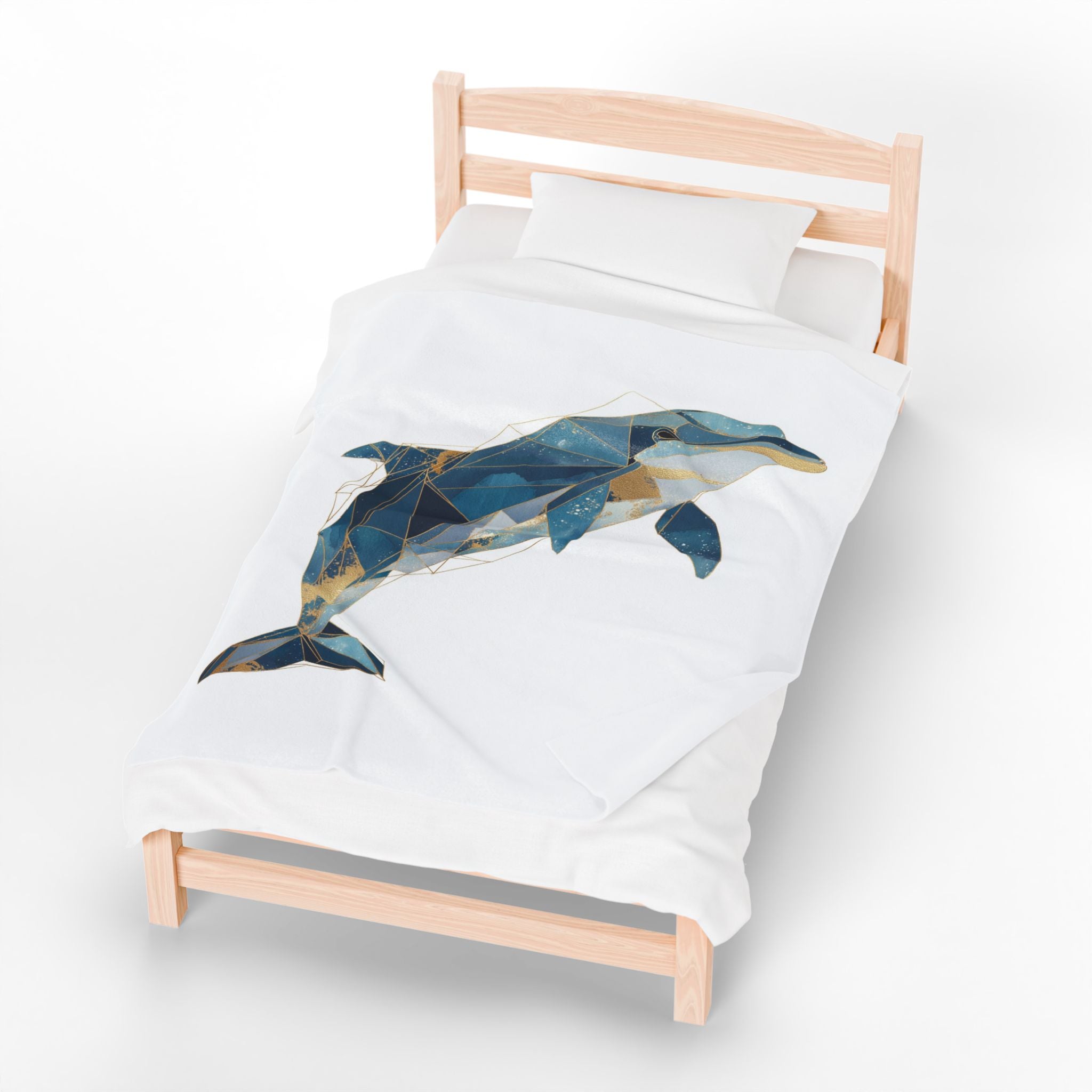 Velveteen Plush Blanket, Blue and Gold Geometric Dolphin Blanket, Ocean Theme, Gold Accent, Home Decor, Cozy Throw, Nautical Blanket, Gift