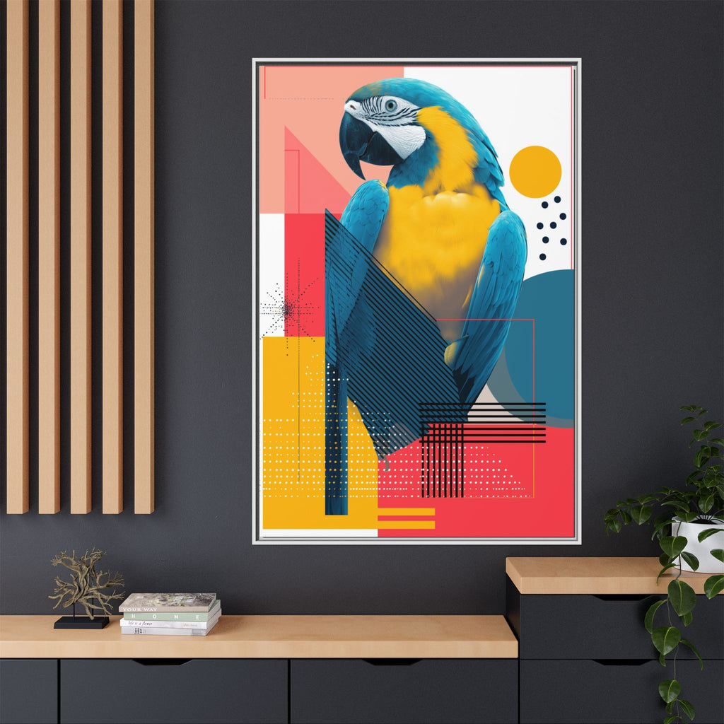 Prismatic Parrot Framed Print: Blue and Yellow Macaw in Geometric Space, Digital Art Composition   |  Personalized & Custom Orders Available