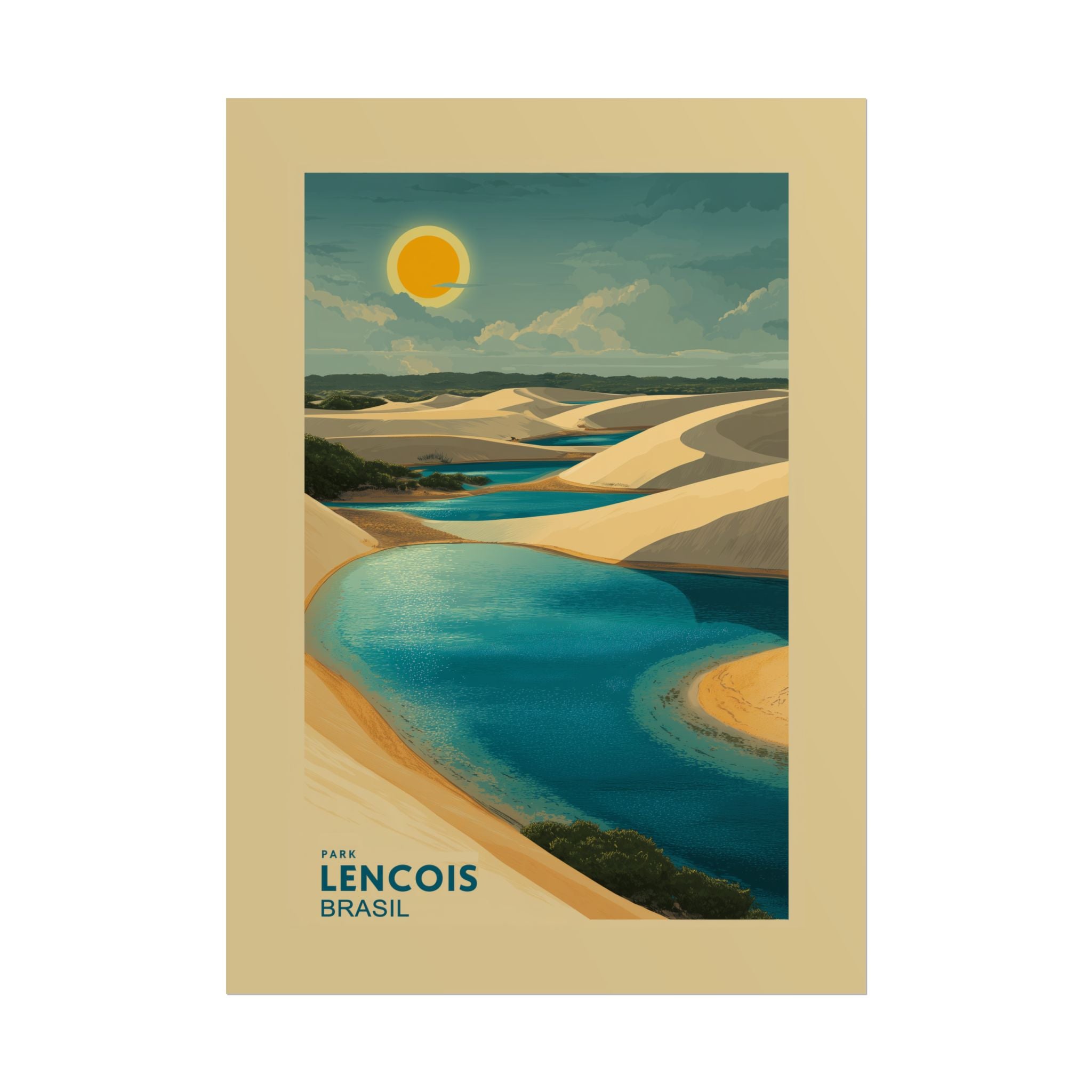 Lençois Park Dreamscape: Golden Dunes and Turquoise Waters, Vintage Travel Poster Panorama   |    Custom Orders Available