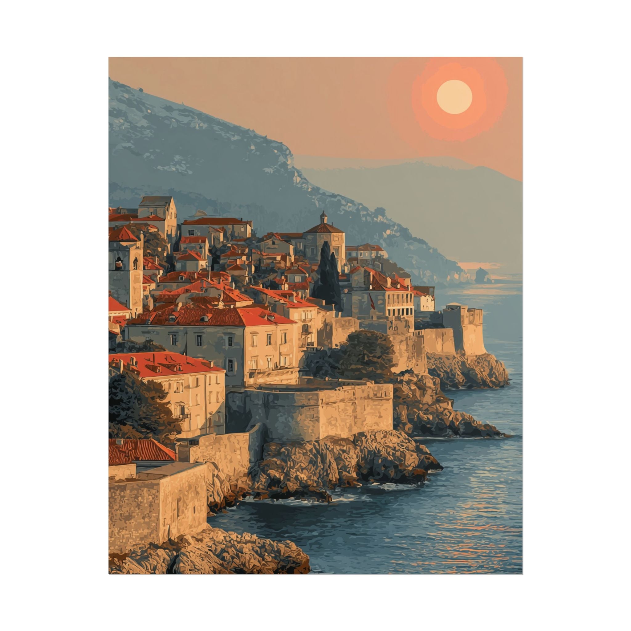 Dubrovnik's Golden Hour: Medieval Coastal Cityscape, Adriatic Sunset Panorama   |    Custom Orders Available