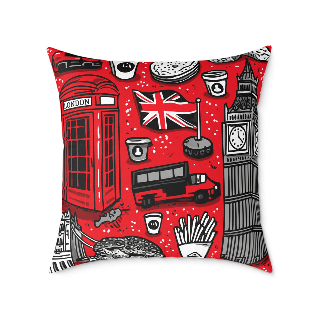 London-Themed Square Poly Canvas Pillow, Unique Home Decor, Cozy Cushion for Travel Lovers, British Inspired Design, Gift for Her