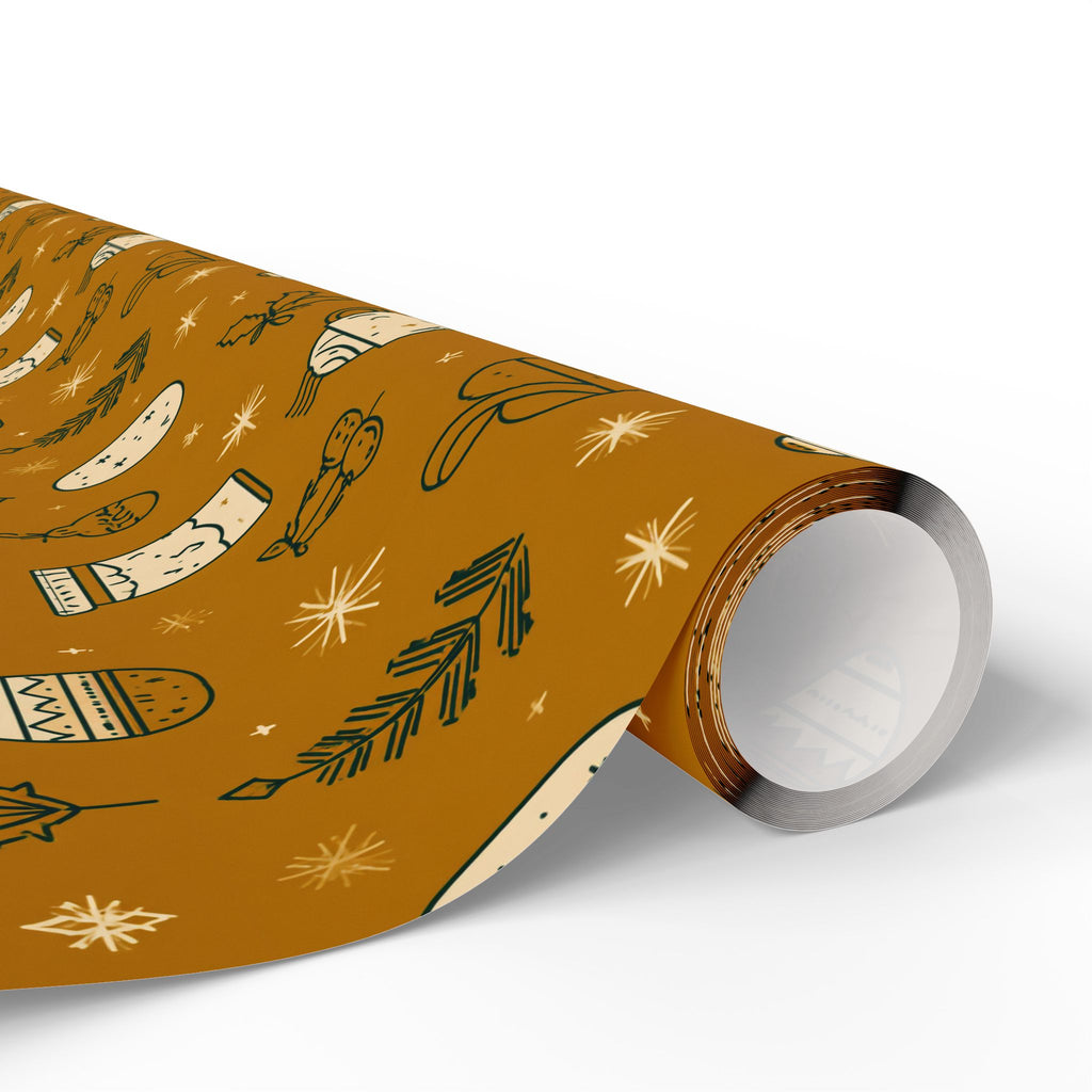 Wrapping Paper Roll — Cozy Brown Holiday Pattern with Mittens & Pine Sprigs