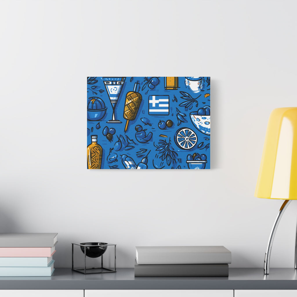 Vibrant Canvas Wall Art, Blue Mediterranean Theme, Kitchen Decor, Greek Party Decor, Olive and Drink Motif