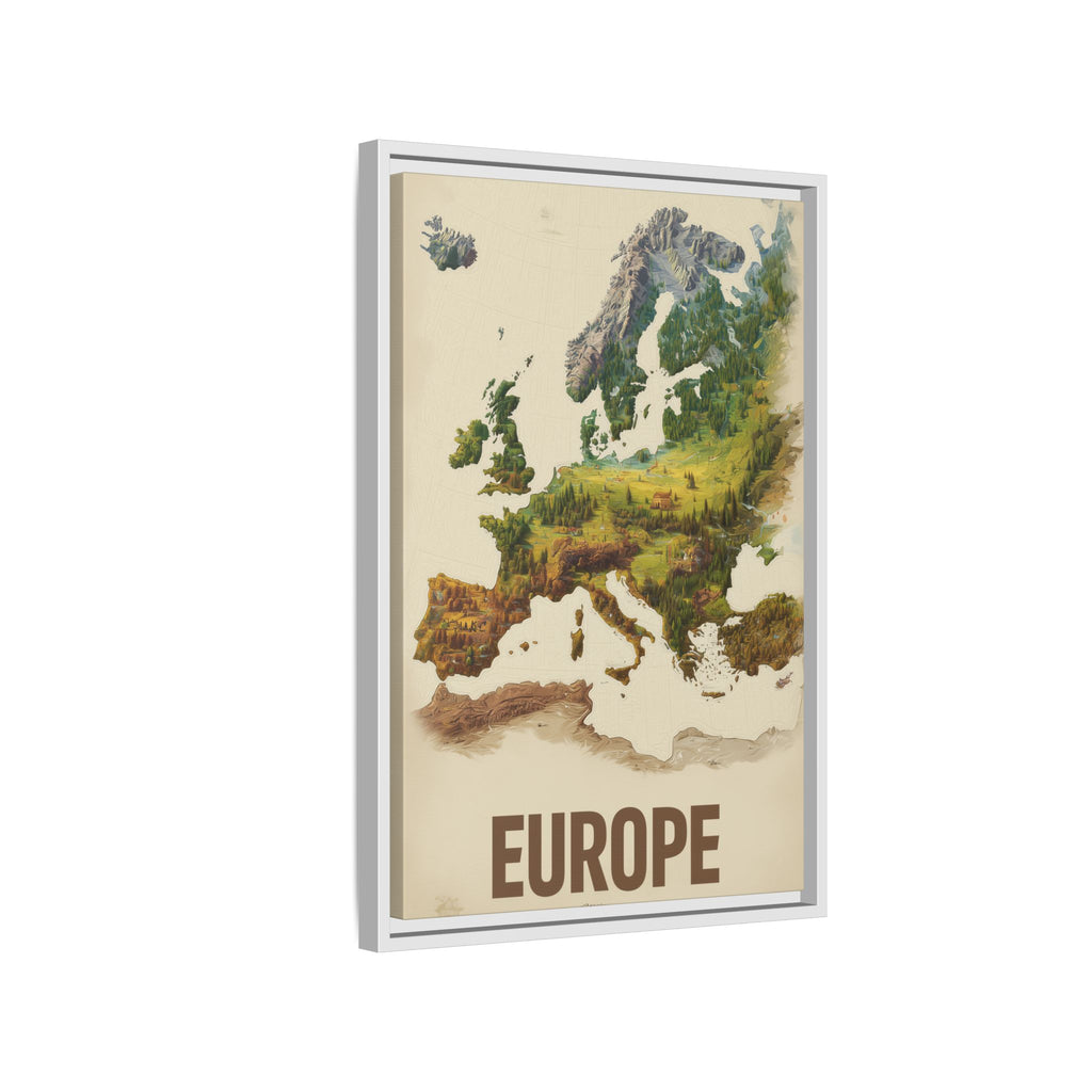 Framed Europe Map Canvas Print — Vintage Landscape Style Wall Art