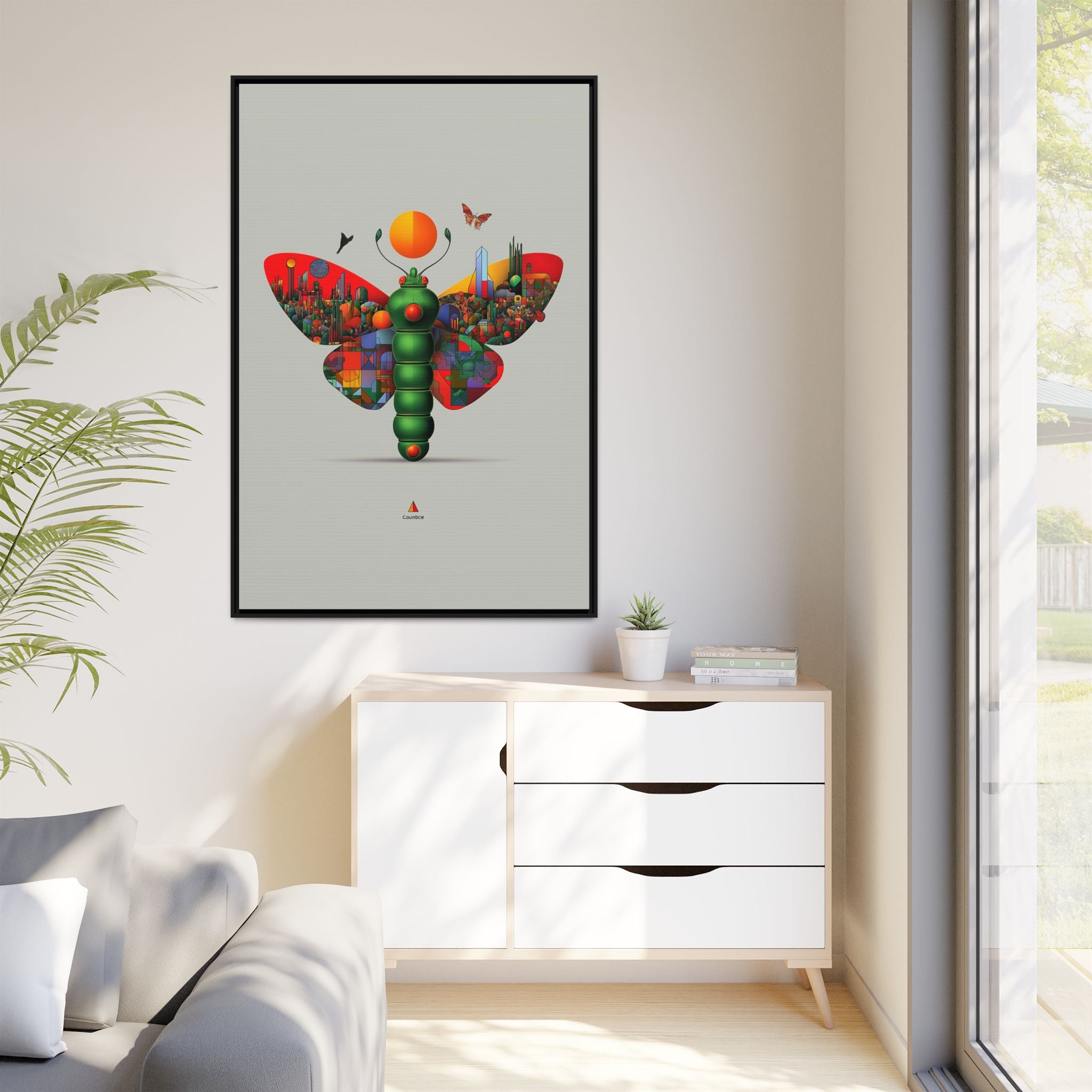 Urban Metamorphosis Framed Print: Geometric Cityscape Butterfly, Digital Surrealism Collage   |  Custom Orders Available