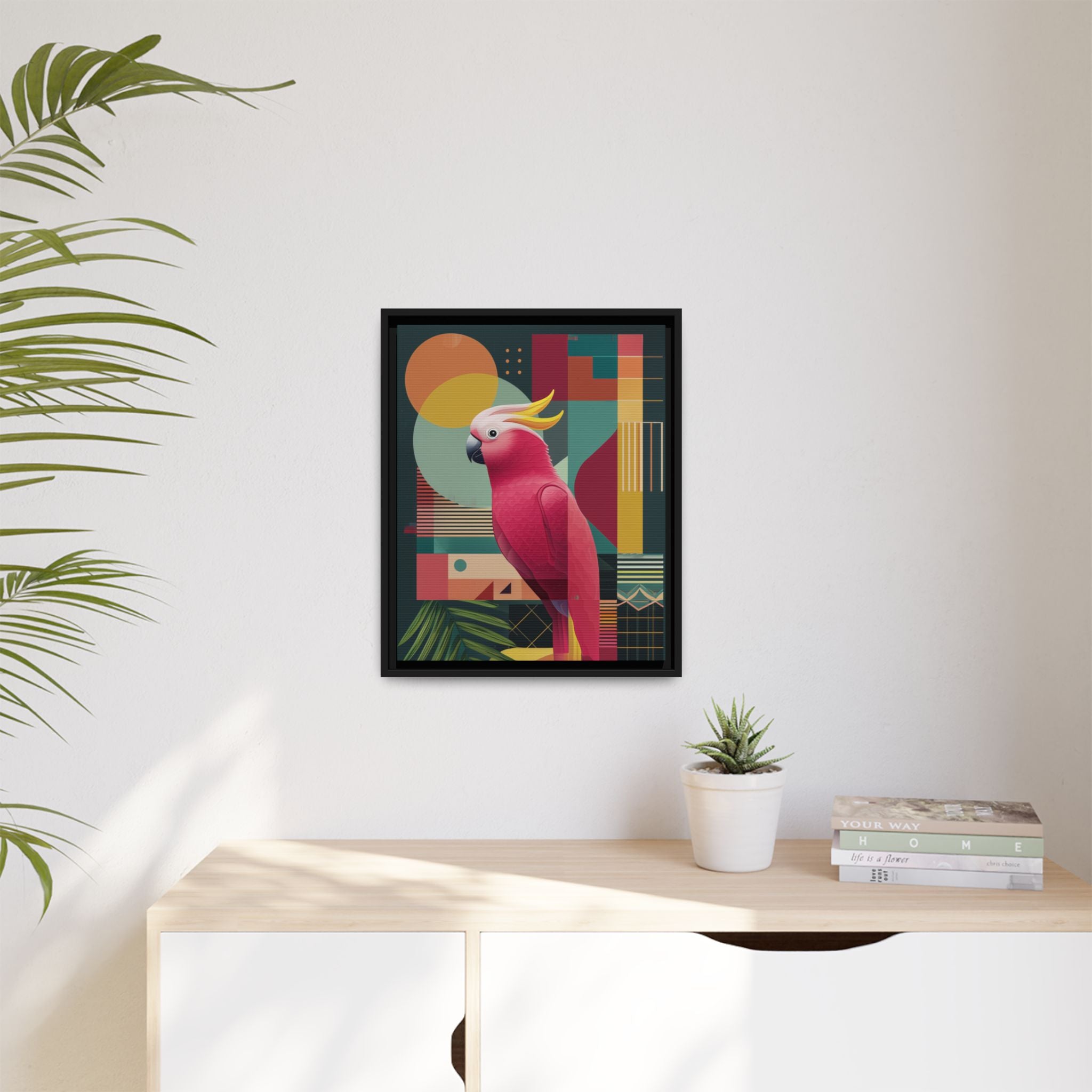 Cockatoo in Geometric Bloom: Mid-Century Modern Art, Tropical Abstract Design   |    Custom Orders Available