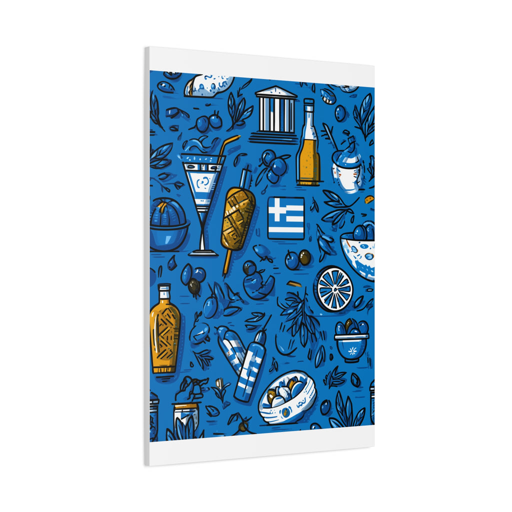 Vibrant Canvas Wall Art, Blue Mediterranean Theme, Kitchen Decor, Greek Party Decor, Olive and Drink Motif