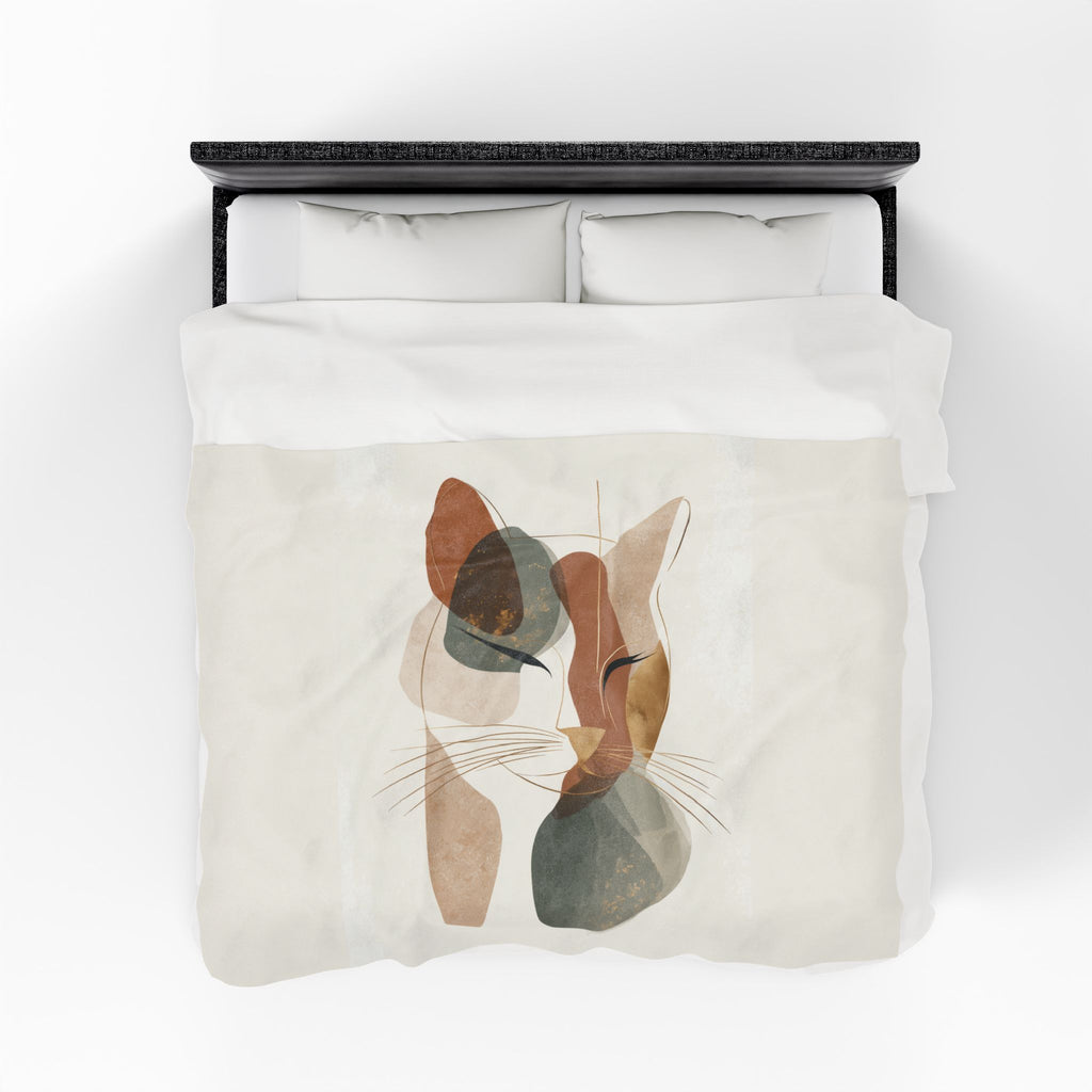 Abstract Earthen Toned Cat Velveteen Plush Blanket, Soft Fleece Throw, Cozy Bedding Set, Abstract Earthen Toned Cat Duvet Cover