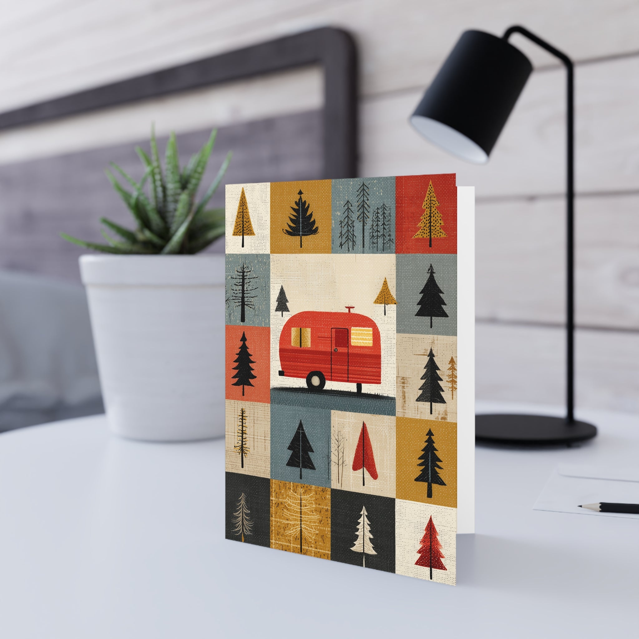 Camping Caravan Greeting Card — Retro Camper & Pine Trees Note Card