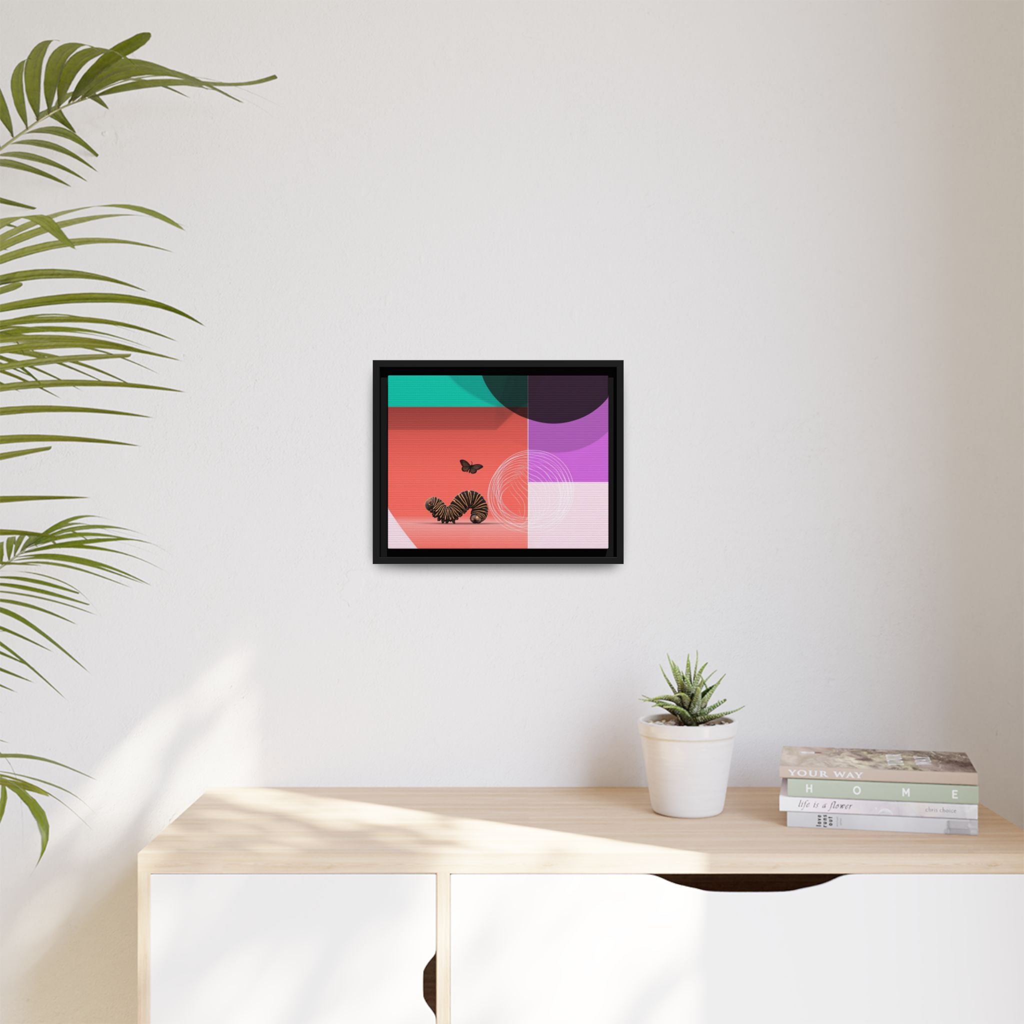 Striped Caterpillar and Butterfly Framed Print , Mid-Century Modern Color Blocks   |  Personalized & Custom Orders Available