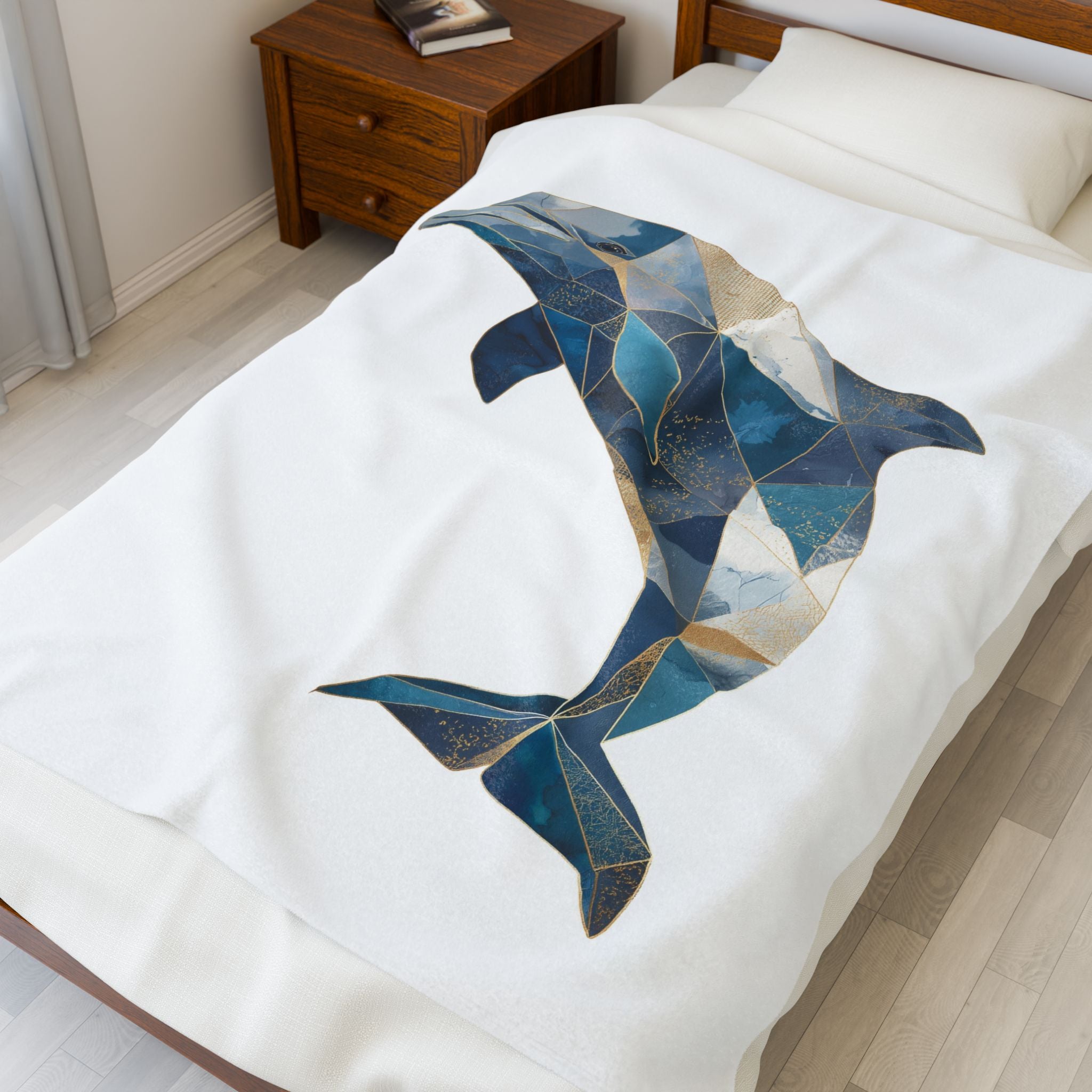 Ocean's Geometry Bedding: Mosaic Dolphin, Coastal Triangular Art, Blue and Gold Dolphin Design   |  Personalized & Custom Orders Available