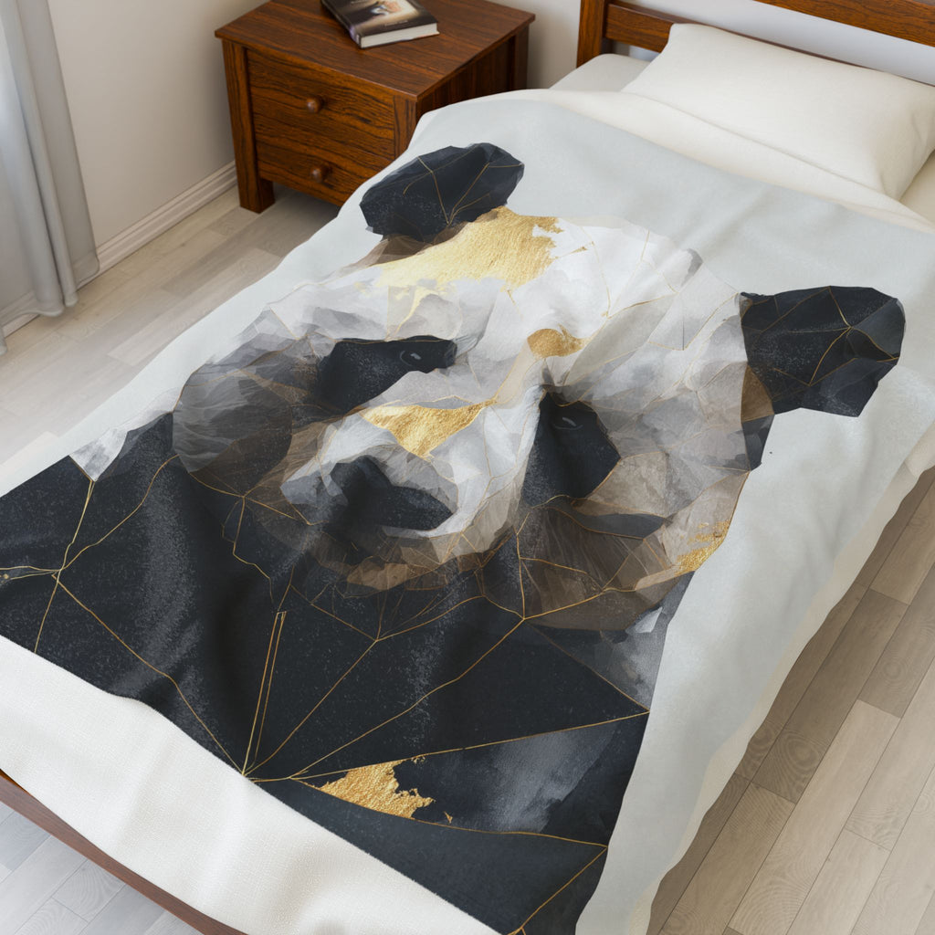 Velveteen Plush Blanket Geometric Panda Blanket: Modern Animal Art, Metallic Gold Design   |  Personalized & Custom Orders Available
