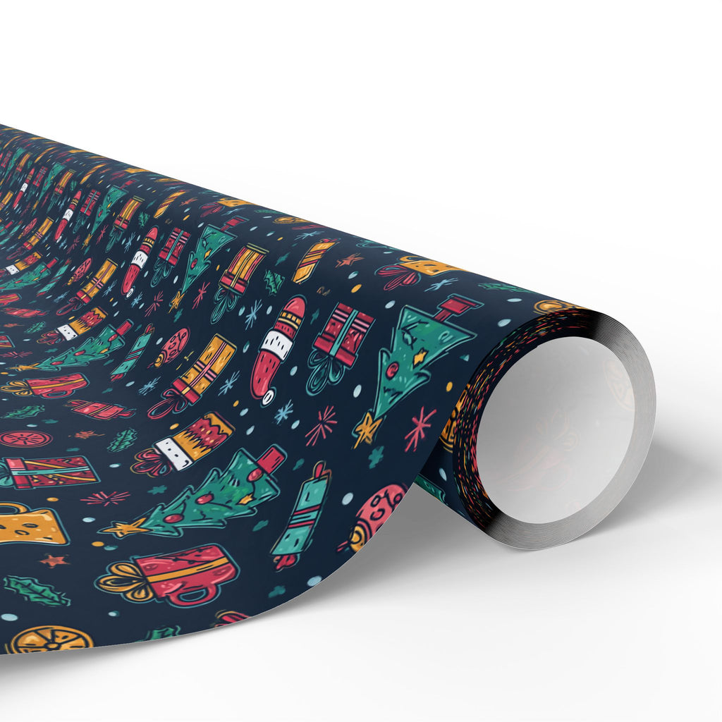 Holiday Gift Wrapping Paper Roll – Dark Christmas Icons Pattern (Trees, Presents, Stockings)