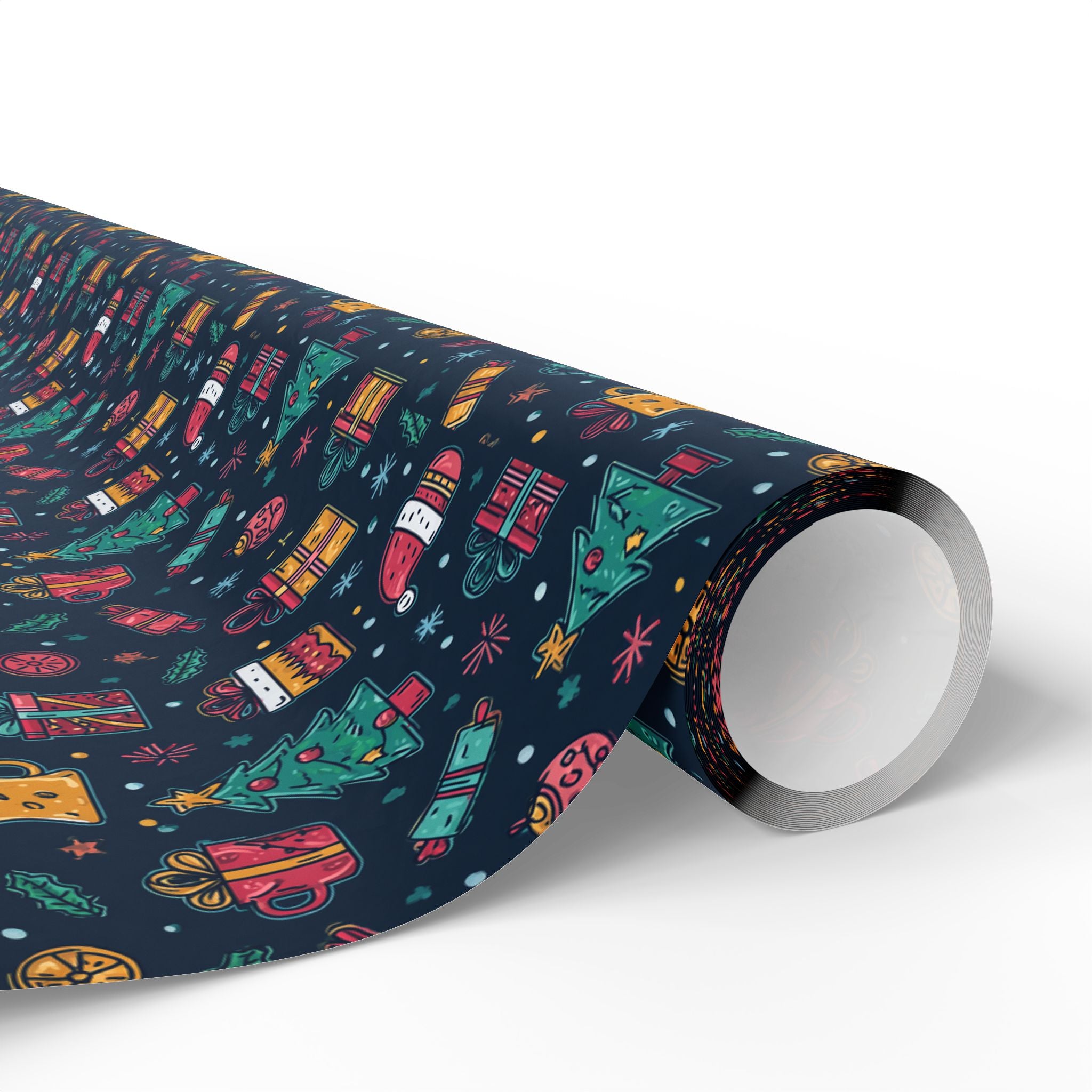 Holiday Gift Wrapping Paper Roll – Dark Christmas Icons Pattern (Trees, Presents, Stockings)