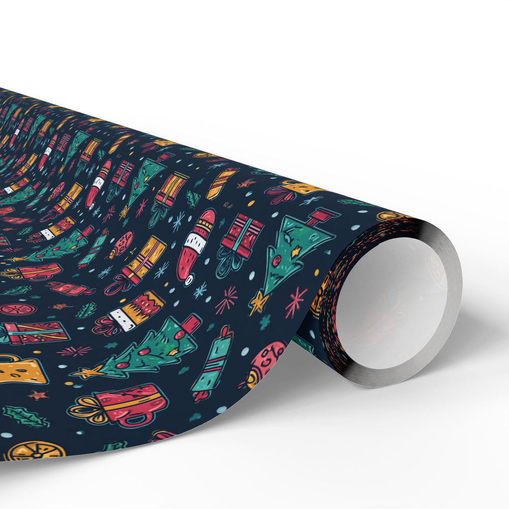 Holiday Gift Wrapping Paper Roll – Dark Christmas Icons Pattern (Trees, Presents, Stockings)