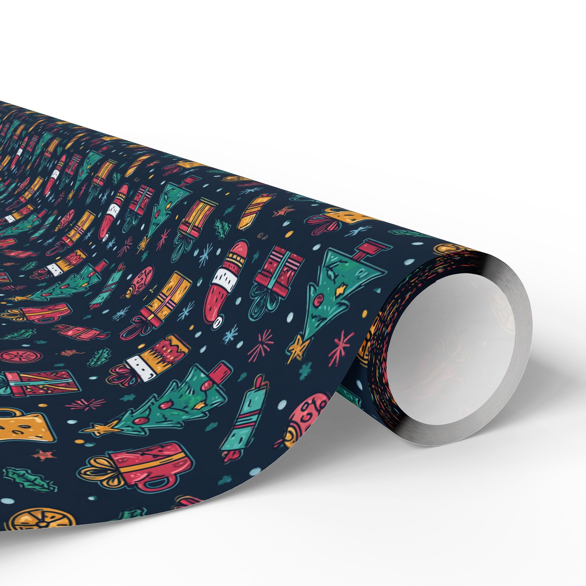 Holiday Gift Wrapping Paper Roll – Dark Christmas Icons Pattern (Trees, Presents, Stockings)