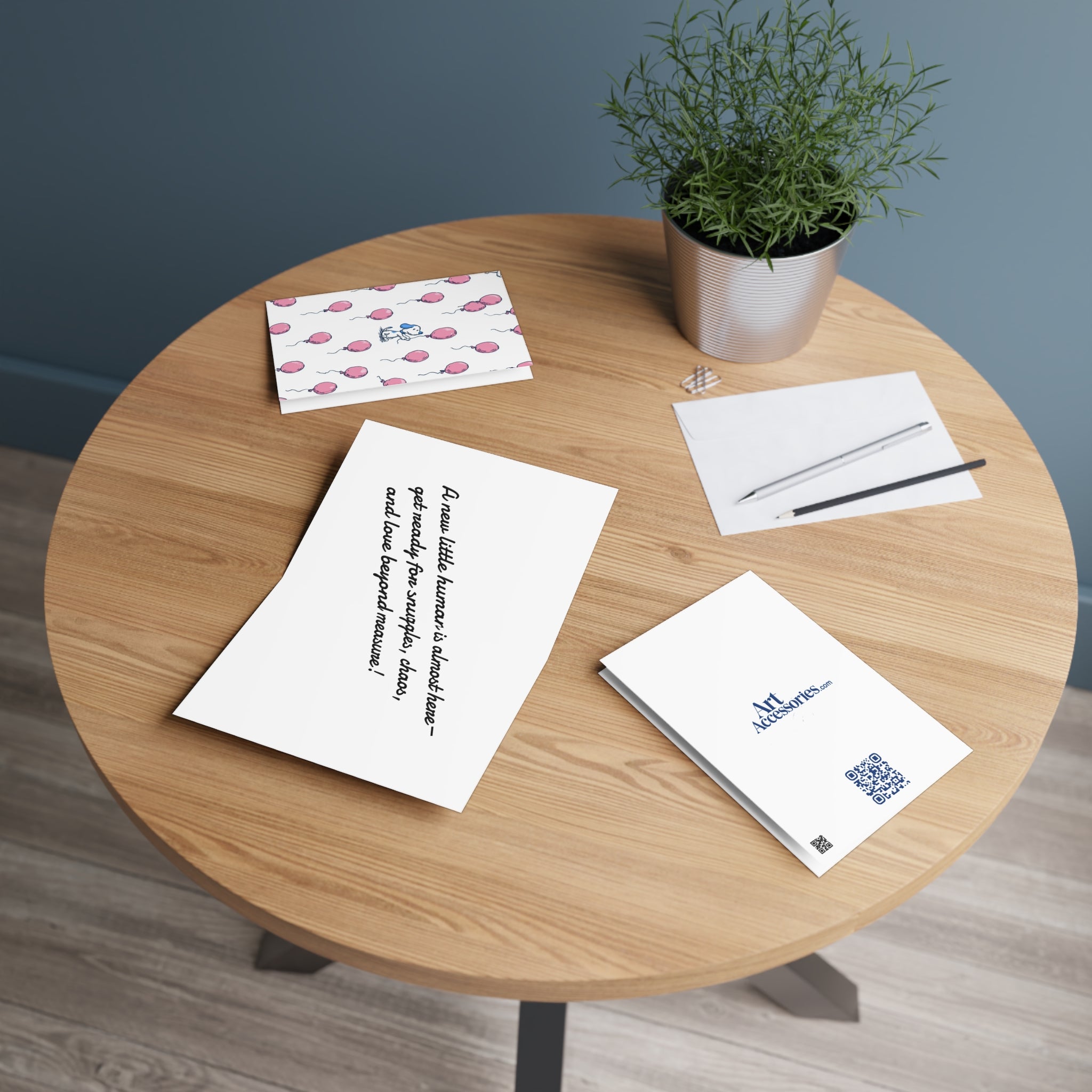 Greeting Card — Cute Puppy with Pink Balloons (Birthday, Baby Shower, New Baby)