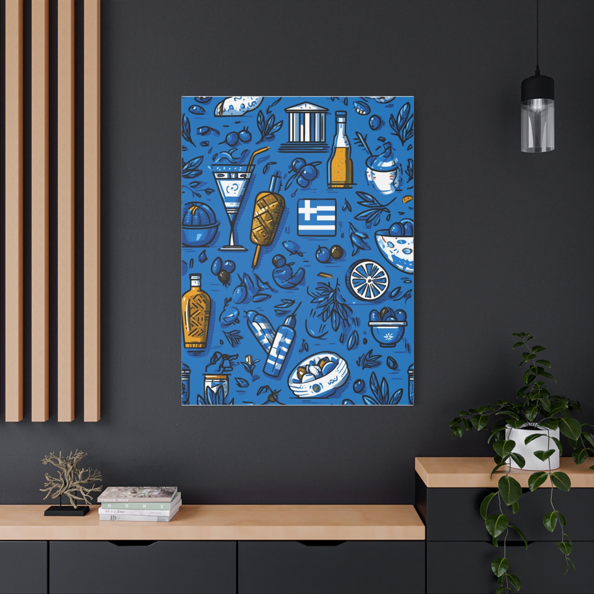 Vibrant Canvas Wall Art, Blue Mediterranean Theme, Kitchen Decor, Greek Party Decor, Olive and Drink Motif