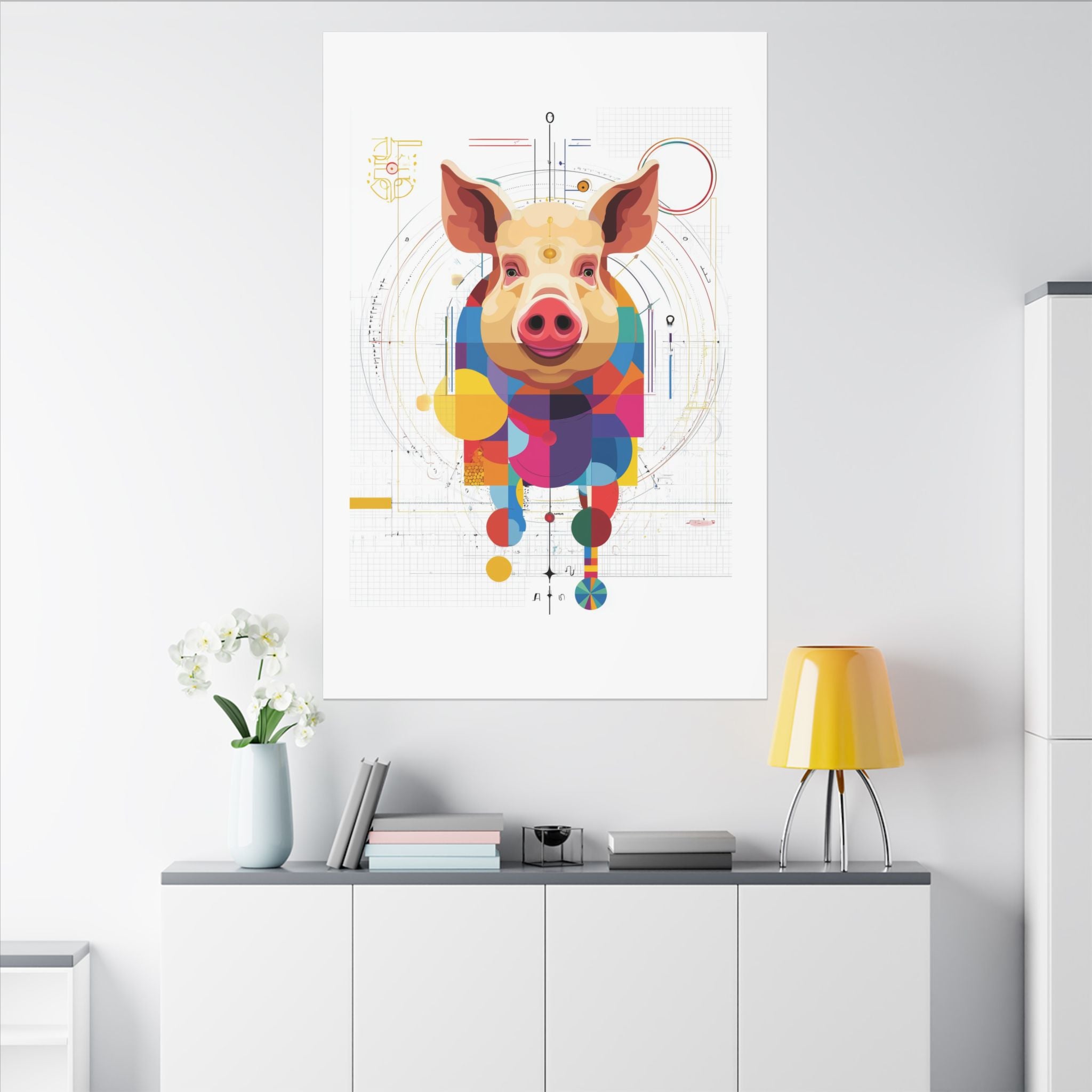 Geometric Pig Portrait: Cubist Animal Art, Technical Design Illustration   |    Custom Orders Available