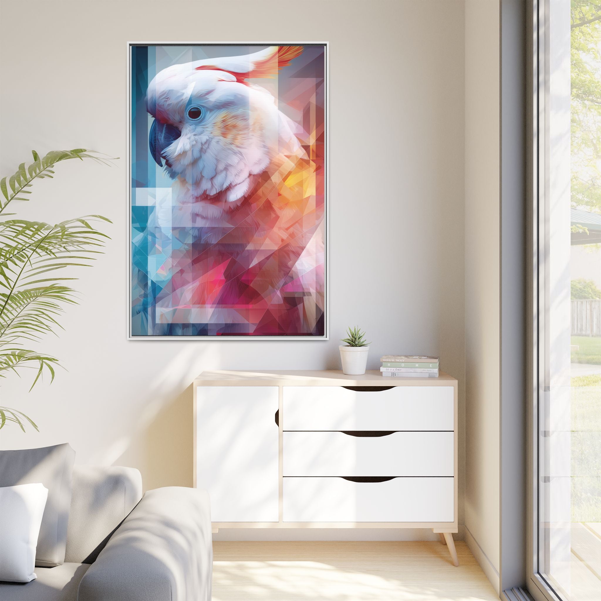 Fractured Cockatoo Framed Print: Geometric Wildlife Art, Low-Poly Digital Illustration   |  Personalized & Custom Orders Available