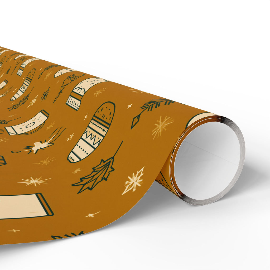 Wrapping Paper Roll — Cozy Brown Holiday Pattern with Mittens & Pine Sprigs