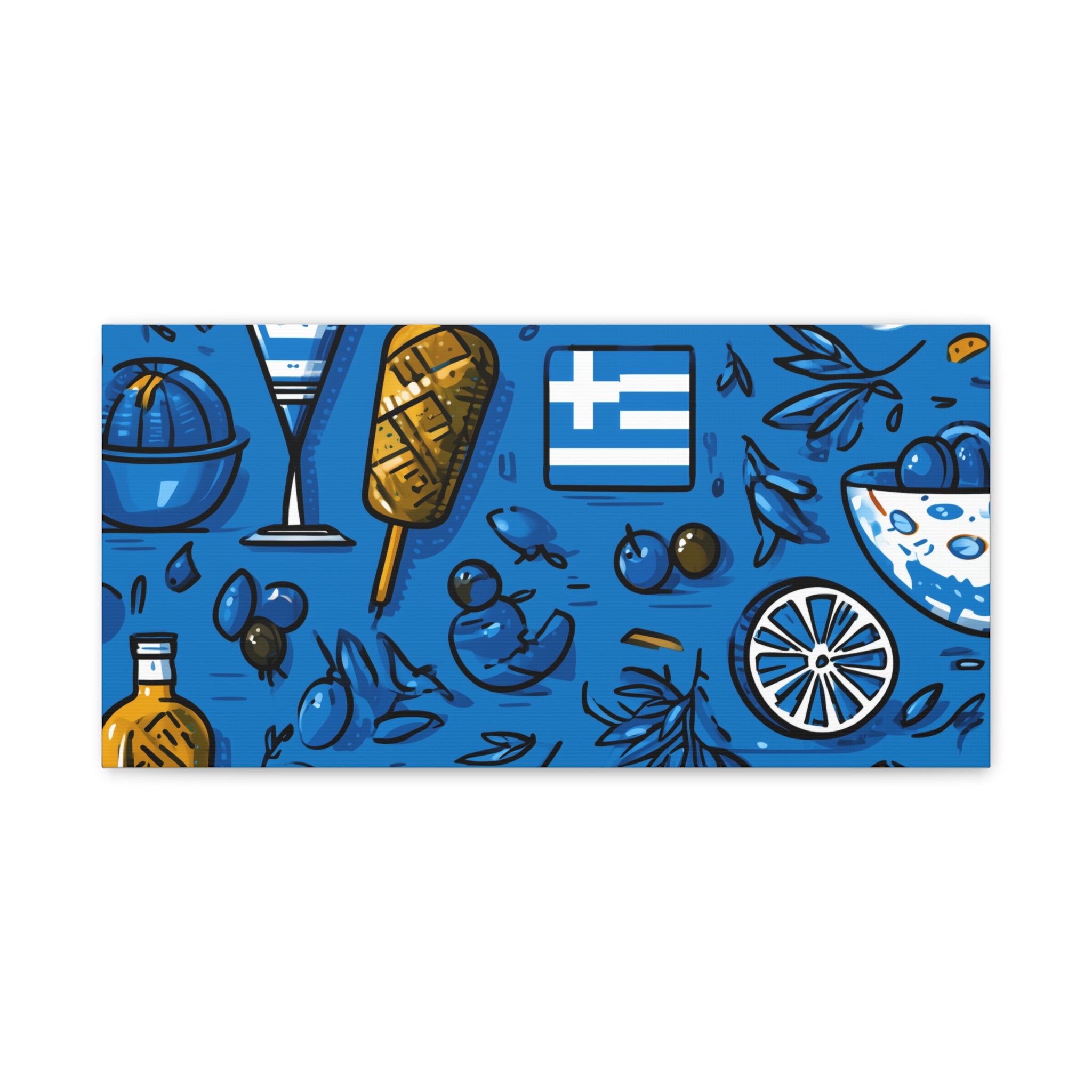 Vibrant Canvas Wall Art, Blue Mediterranean Theme, Kitchen Decor, Greek Party Decor, Olive and Drink Motif