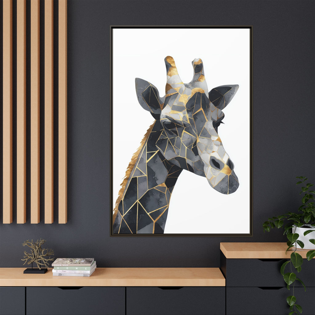Geometric Giraffe Mosaic Framed Print : Contemporary Cubist Animal Portrait, Metallic Gold Angular Design   |   Custom Orders Available