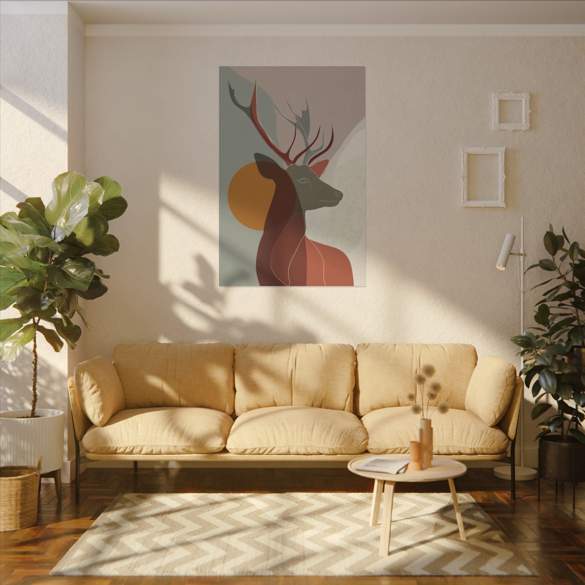 Majestic Deer in Abstraction: Minimalist Geometric Design, Earthy Tones, Mid-Century Modern Art   |  Personalized & Custom Orders Available