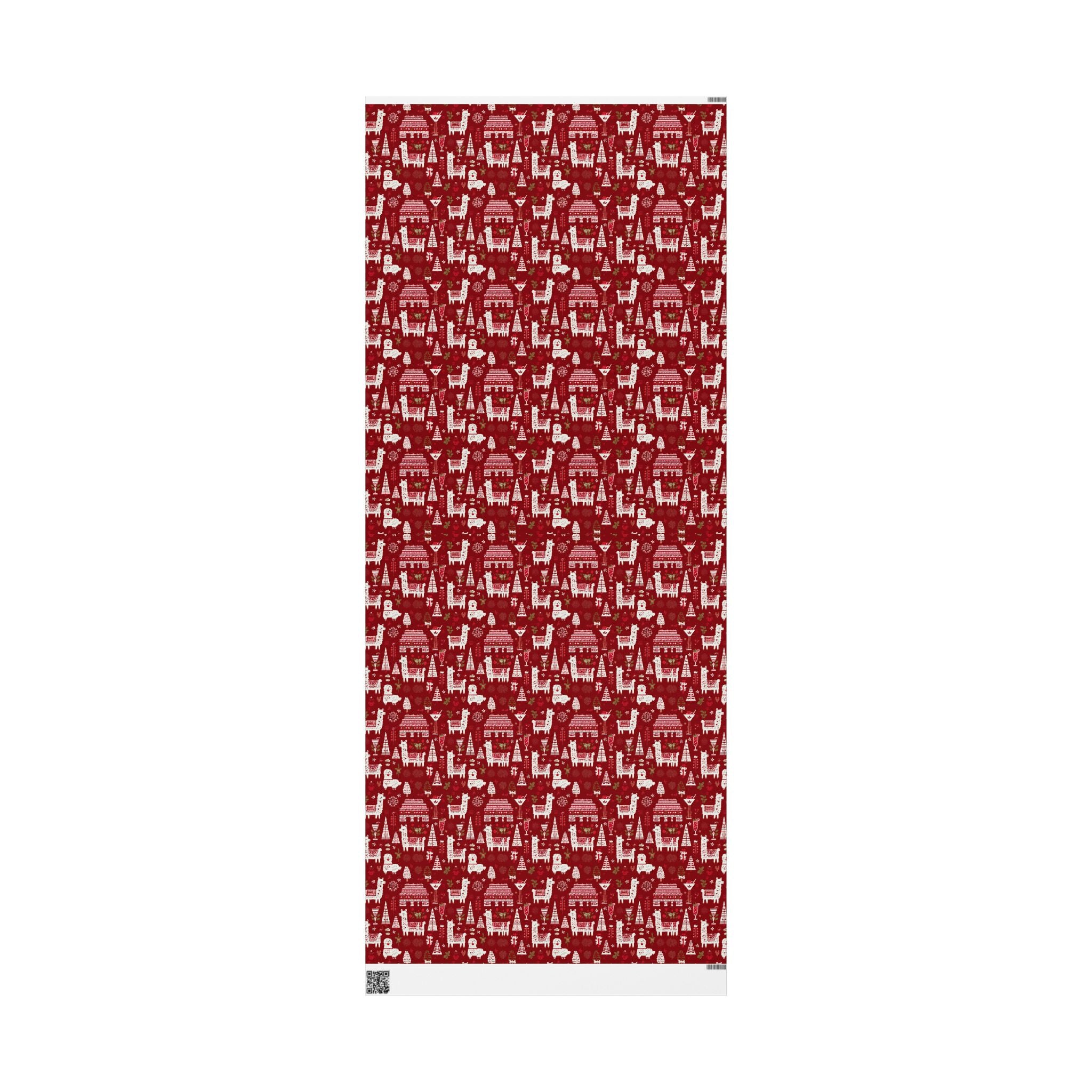 Christmas Wrapping Paper Roll — Red Nordic Reindeer & Tree Holiday Print