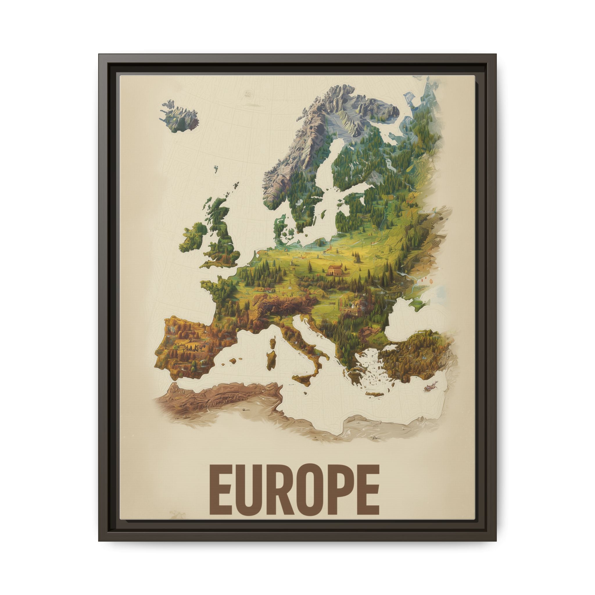 Framed Europe Map Canvas Print — Vintage Landscape Style Wall Art