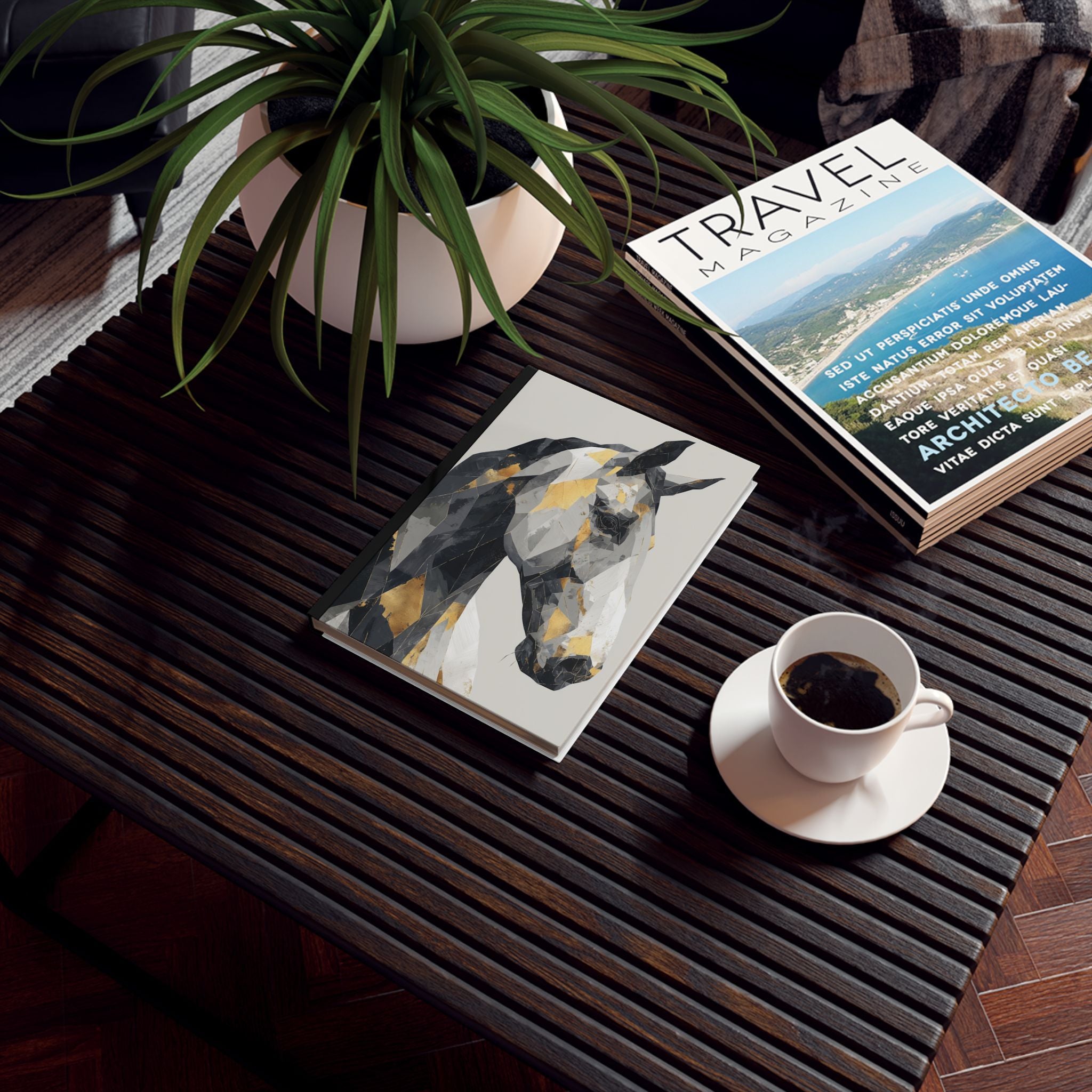 Personalized Geometric Horse Journal    |    Horse Portrait, Angular Metallic Composition, Modern Abstract Interpretation, Gold Accents