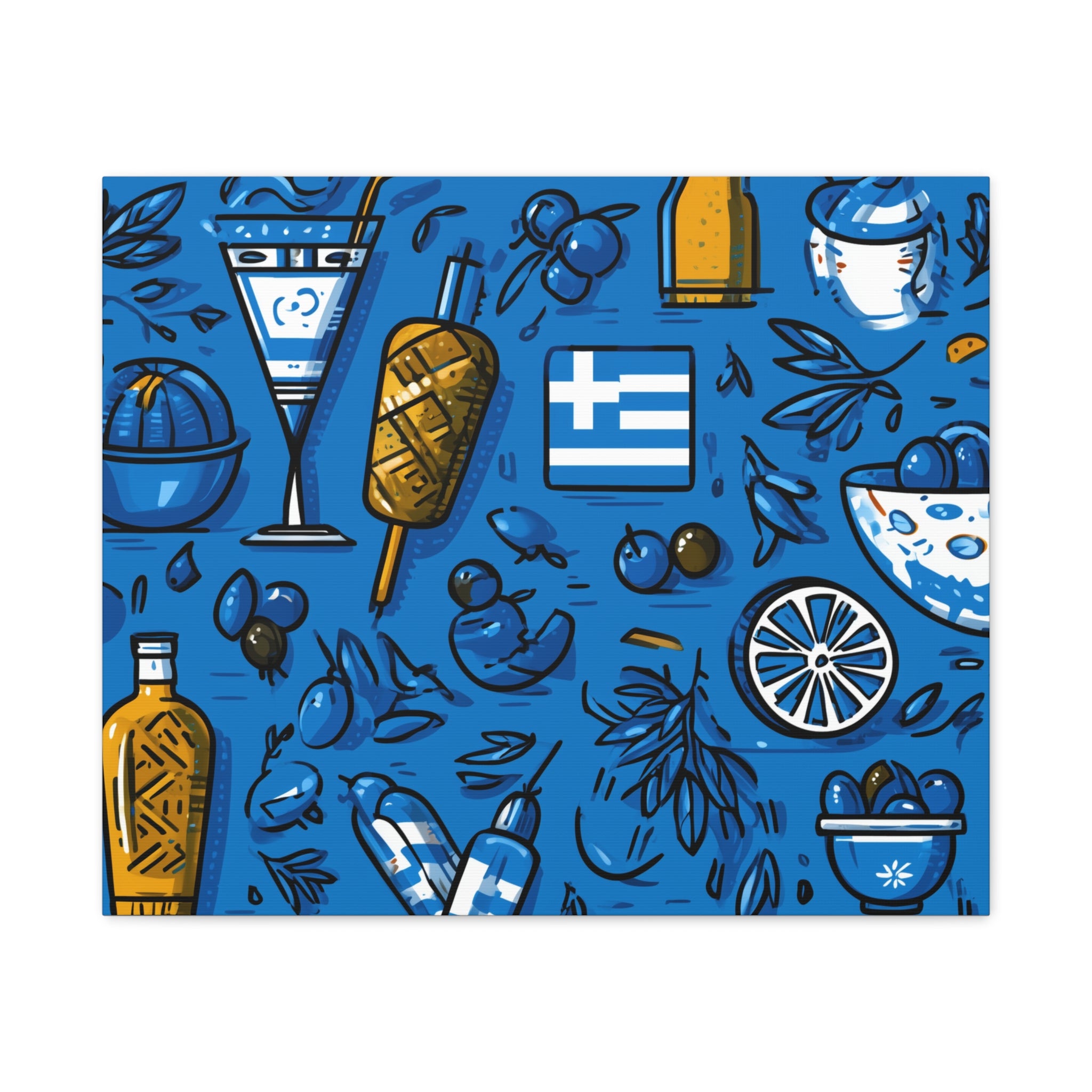 Vibrant Canvas Wall Art, Blue Mediterranean Theme, Kitchen Decor, Greek Party Decor, Olive and Drink Motif